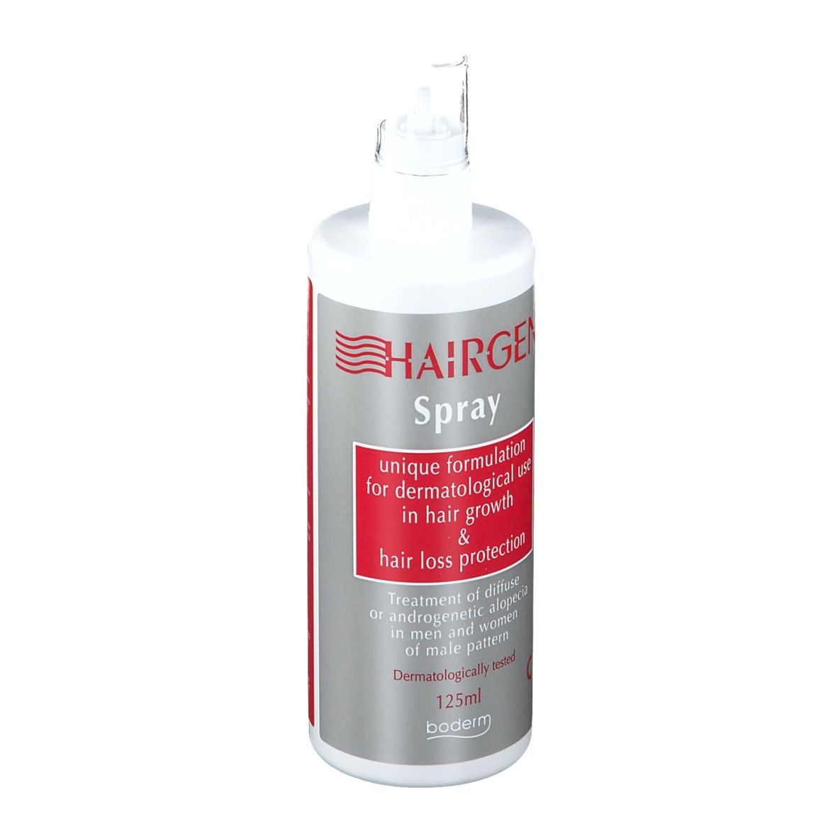 Flacone spray per capelli con erogatore. Scritta: Hairgen Spray, formulazione unica per uso dermatologico.