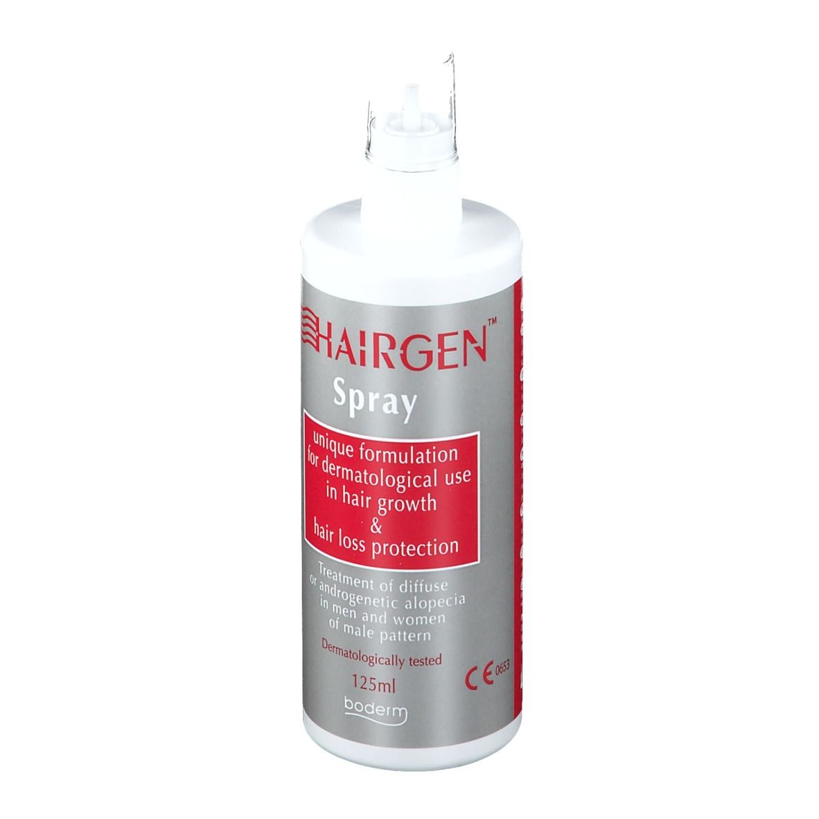 Flacone spray per capelli con erogatore. Scritta: Hairgen Spray, formulazione unica per uso dermatologico.