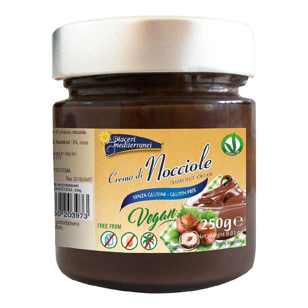 Vasetto di crema di nocciole. Scritta: Crema di Nocciole, senza glutine, vegan. 250g. Con sigilli nocciola e vegan.