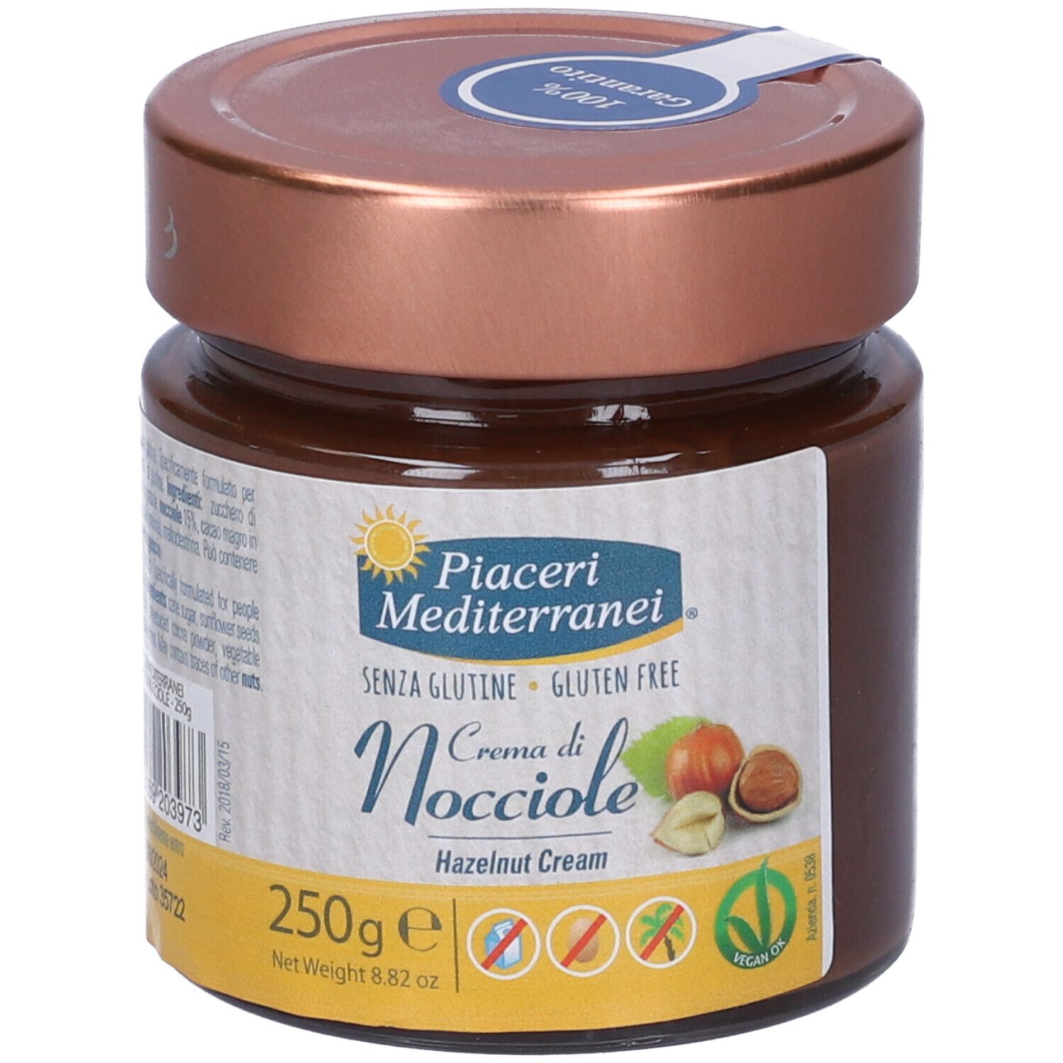 Vasetto di crema di nocciole. Scritta: Crema di Nocciole, senza glutine. 250g. Con sigilli nocciola e vegan.