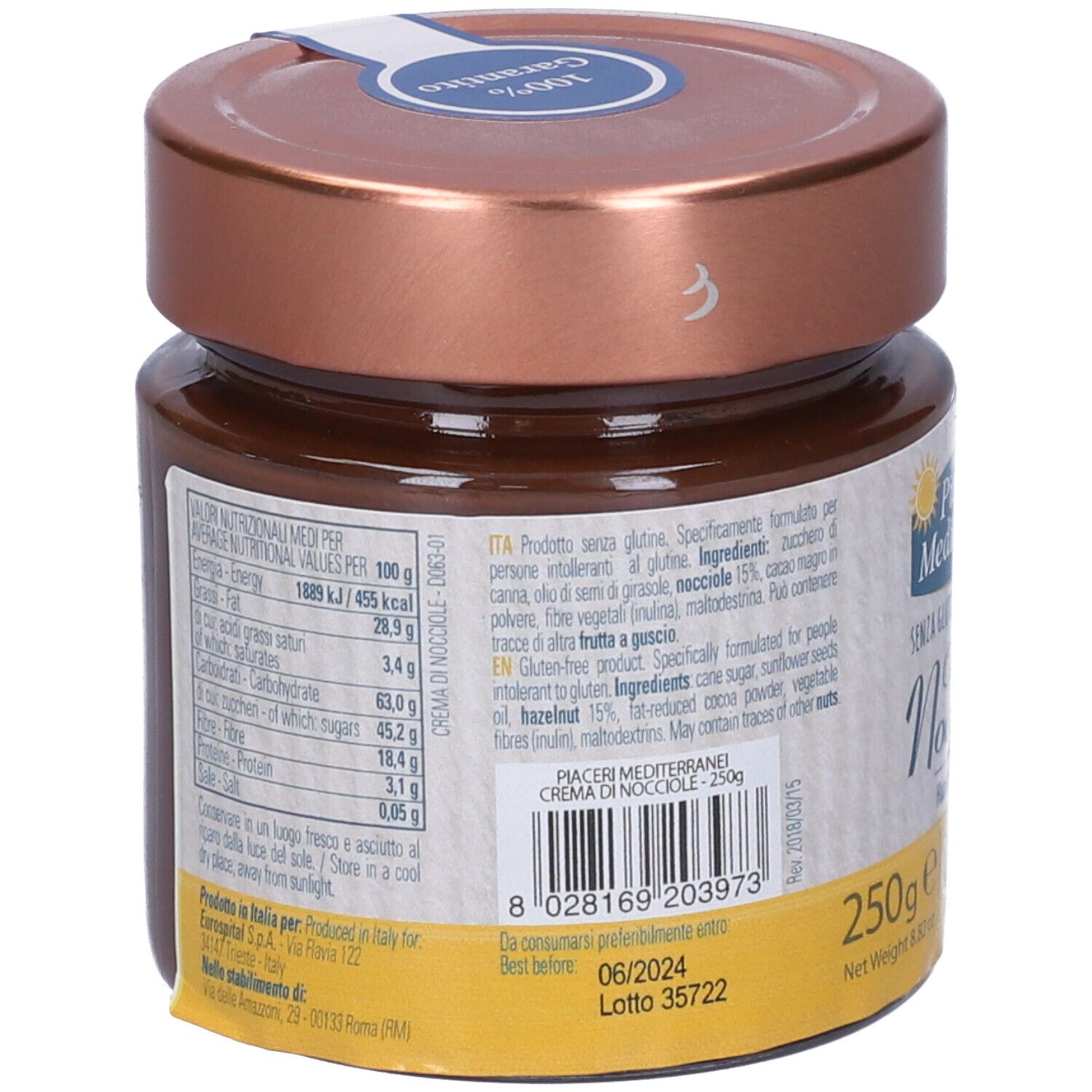 Vasetto di crema di nocciole. Retro con informazioni nutrizionali e testo. Scritta: Crema di Nocciole, 250g.