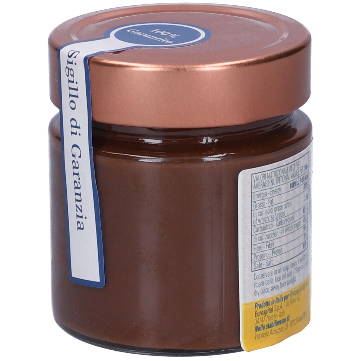 Vasetto di crema di nocciole. Adesivo con testo: Sigillo di Garanzia. Coperchio con 100% Garanzia.