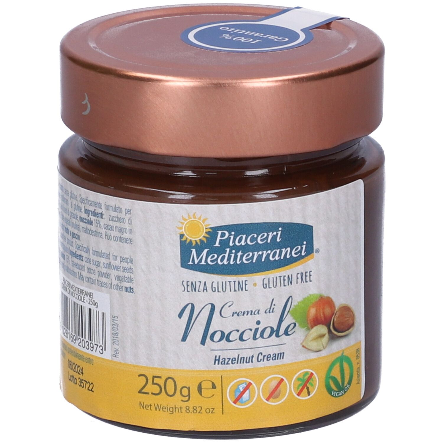 Vasetto di crema di nocciole. Scritta: Crema di Nocciole, senza glutine. 250g. Con sigilli nocciola e vegan.