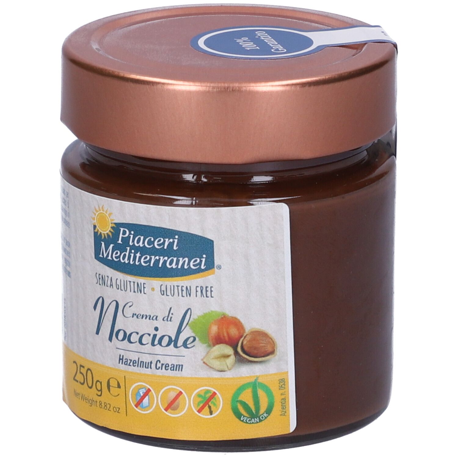Vasetto di crema di nocciole. Scritta: Crema di Nocciole, senza glutine. 250g. Con sigilli nocciola e vegan.