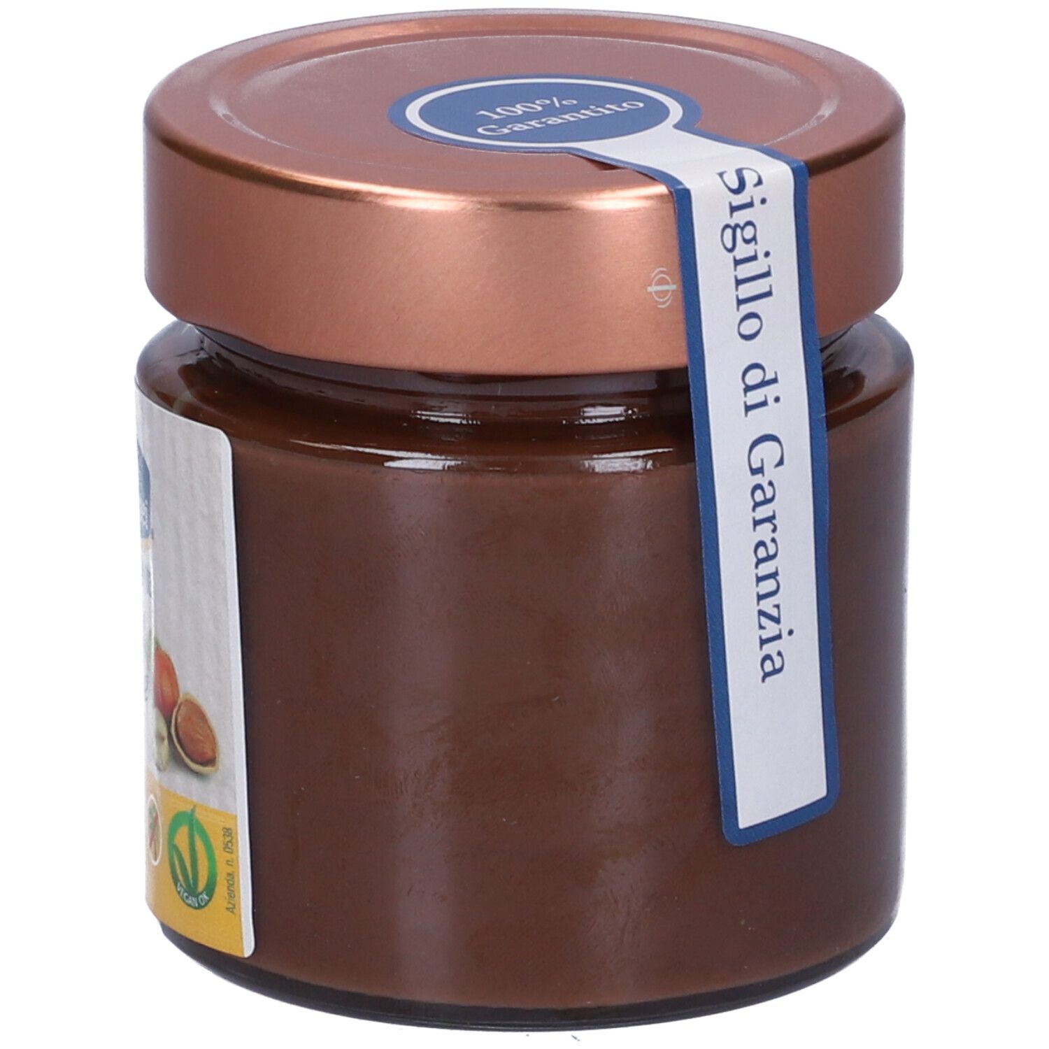 Vasetto di crema di nocciole. Adesivo con testo: Sigillo di Garanzia. Coperchio con 100% Garanzia.
