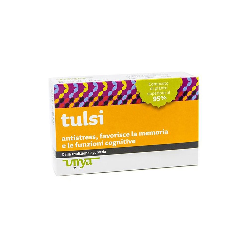 Confezione di "tulsi". Testo: "antistress, favorisce la memoria e le funzioni cognitive". Etichetta verde-gialla: "Composto di piante superiore al 95%"