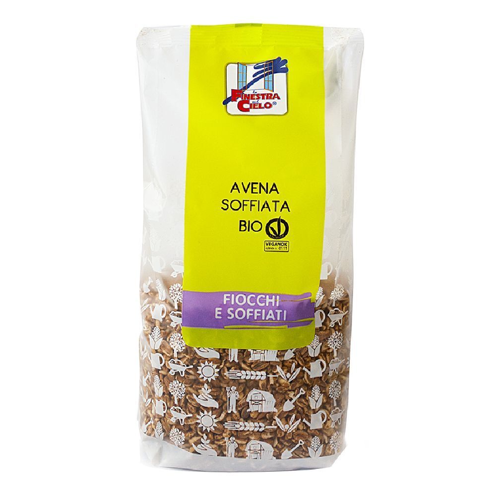 Confezione trasparente con etichetta gialla. Scritta: Avena Soffiata Bio, Fiocchi e Soffiati. Sigillo biologico.