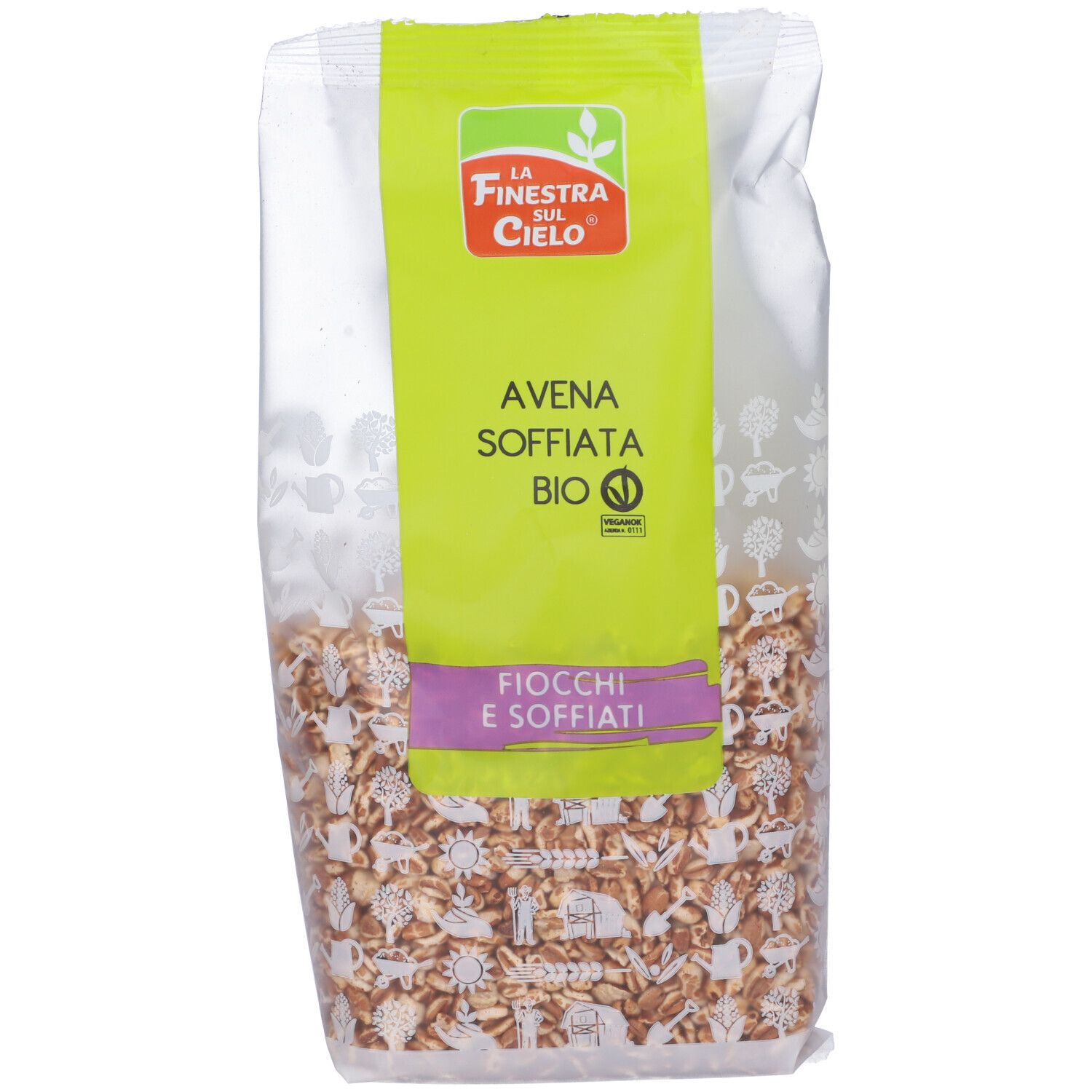 Confezione trasparente con etichetta gialla. Scritta: Avena Soffiata Bio, Fiocchi e Soffiati. Sigillo biologico.