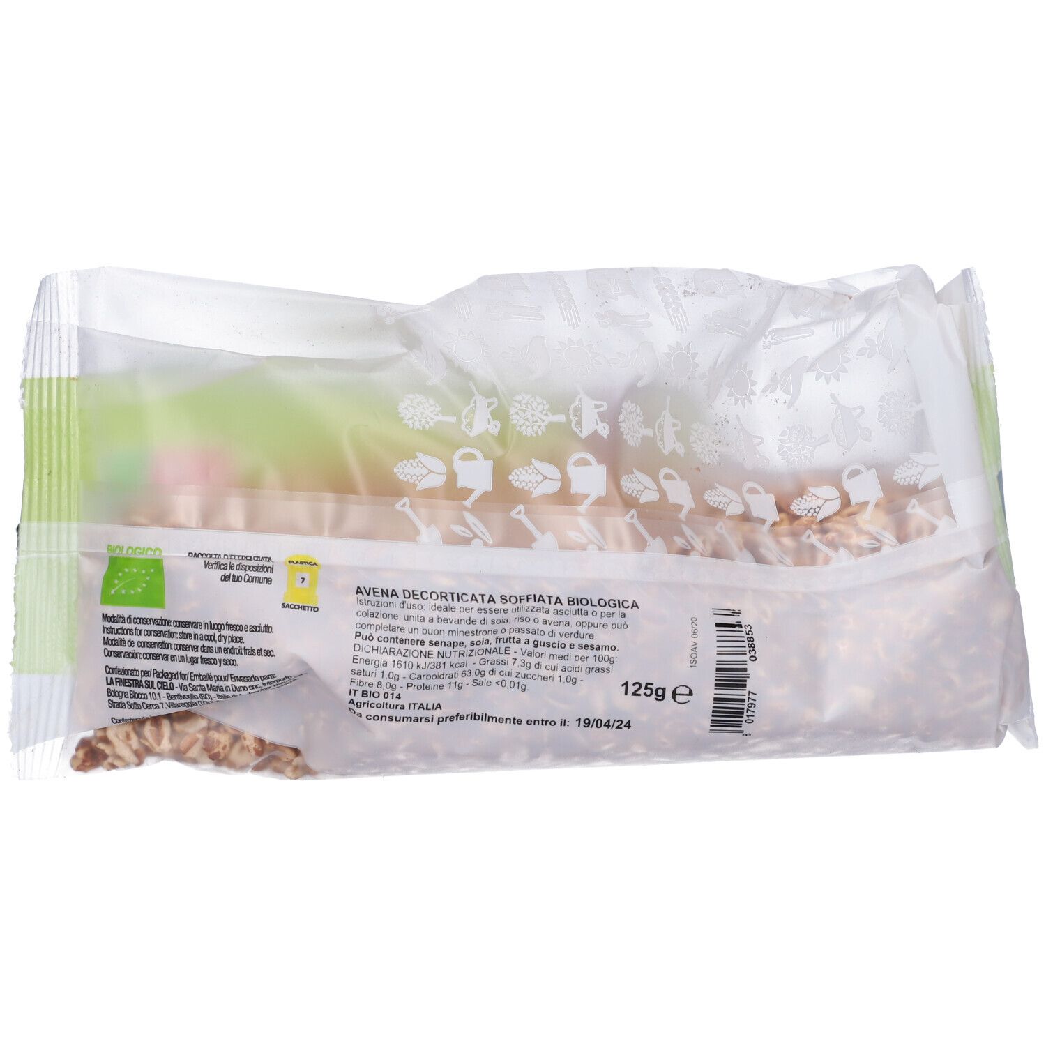 Confezione trasparente, retro con testo e informazioni nutrizionali. Scritta: Avena decorticata soffiata biologica. 125g.
