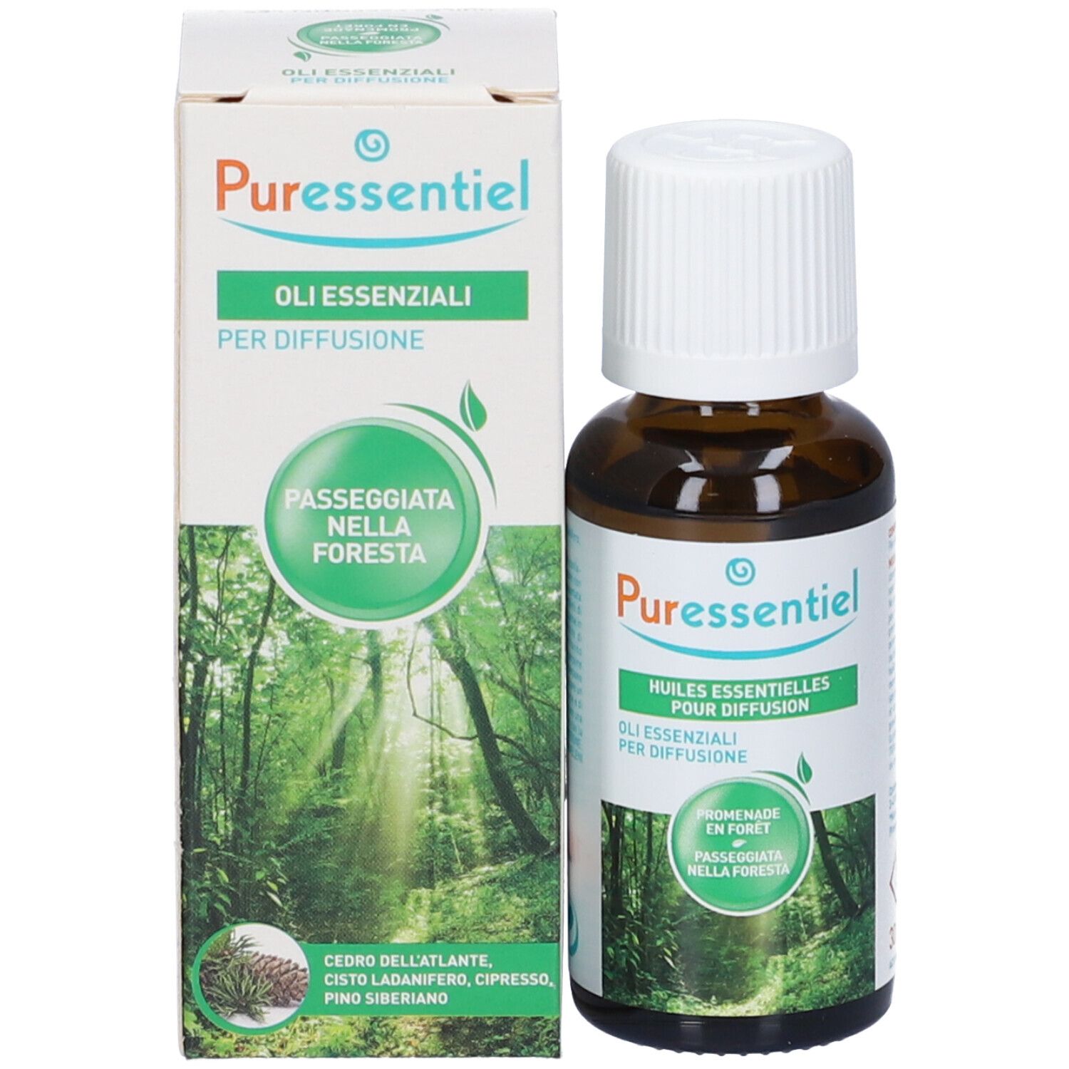 Produktflasche und Verpackung. Braune Glasflasche mit weißem Deckel. Karton mit Produktnamen und Waldmotiv.