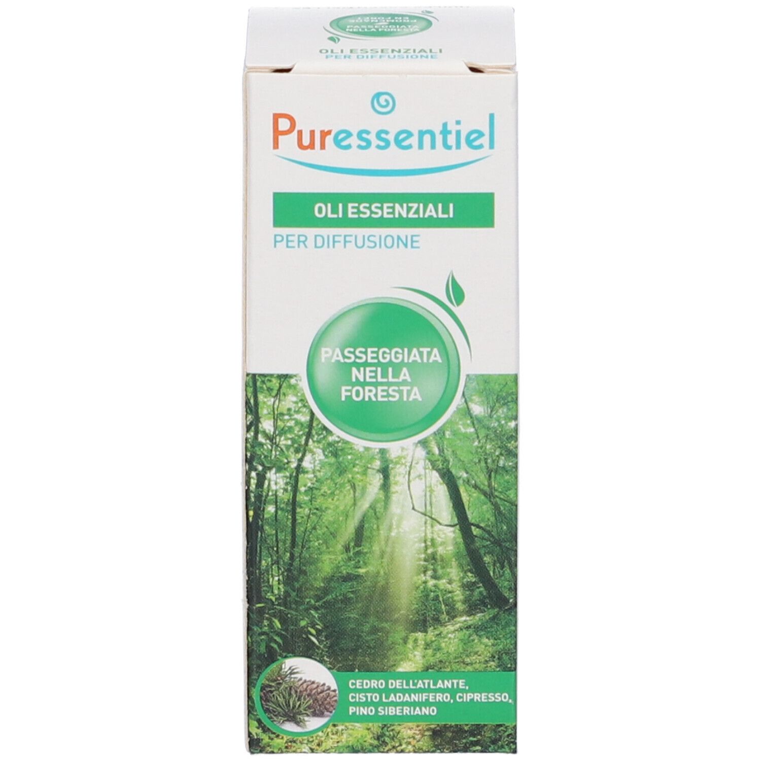 Kartonverpackung mit Produktnamen und Waldmotiv. Text: Oli essenziali per diffusione. Inhaltsstoffe.