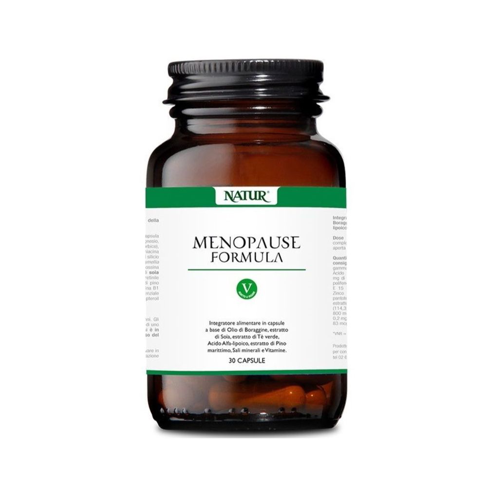 Flacone di vetro marrone con tappo nero. Scritta: Menopause Formula. 30 capsule.