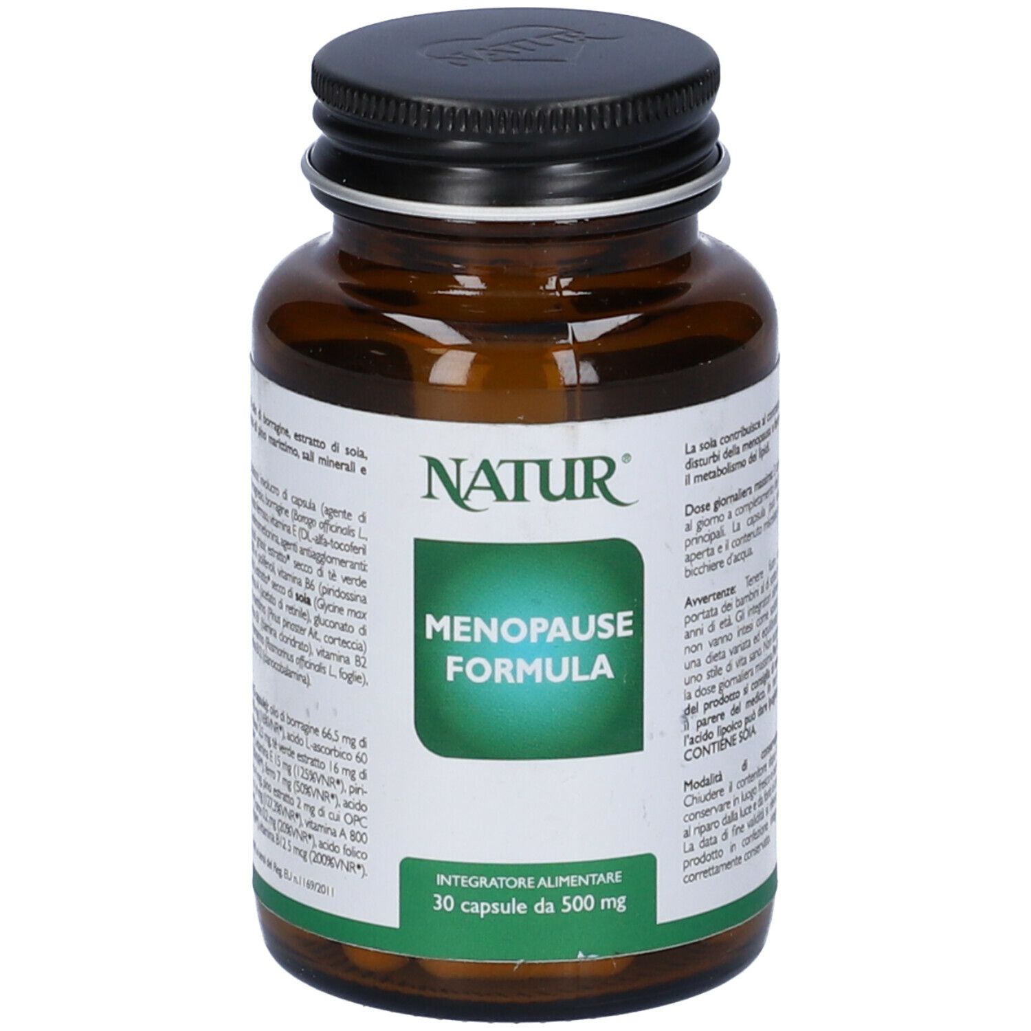 Flacone di vetro marrone con tappo nero. Scritta: Menopause Formula. 30 capsule.