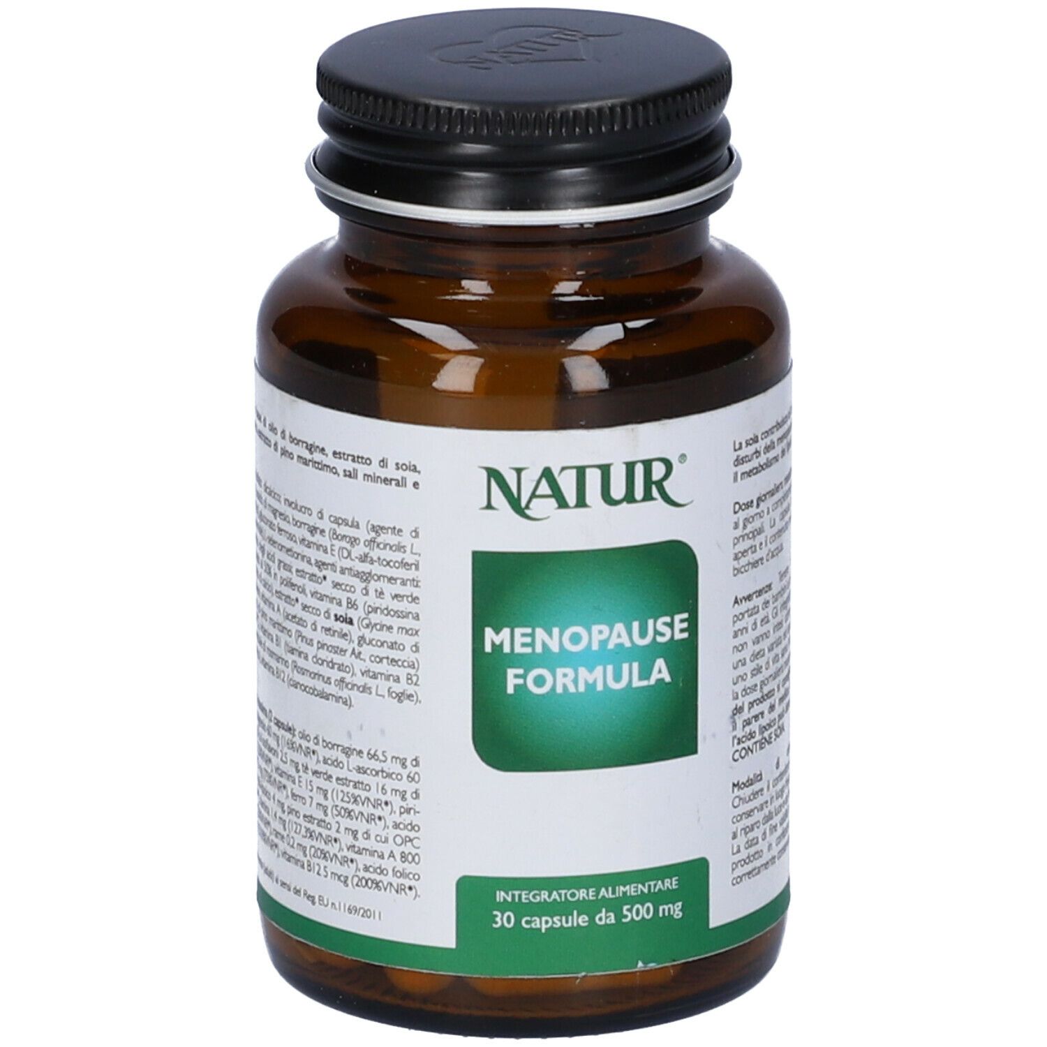 Flacone di vetro marrone con tappo nero. Scritta: Menopause Formula. 30 capsule.
