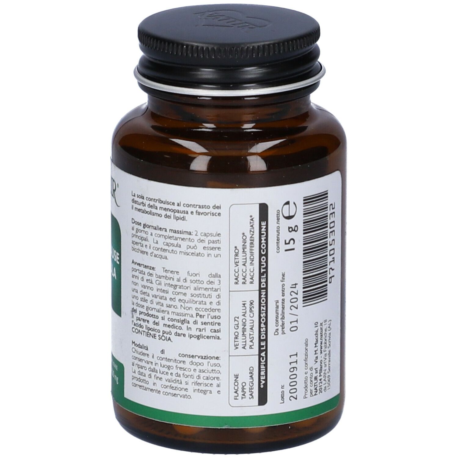 Flacone di vetro marrone con tappo nero. Retro con testo e informazioni sugli ingredienti.