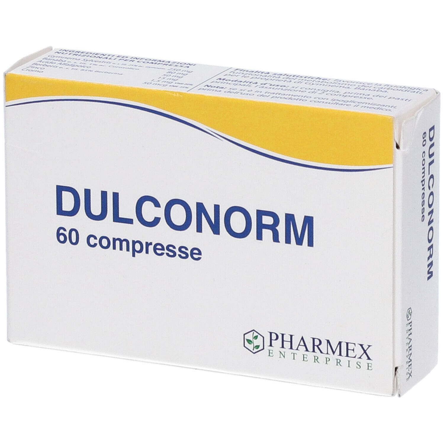 Scatola bianca con scritta blu DULCONORM, 60 compresse. Logo Pharmex Enterprise.