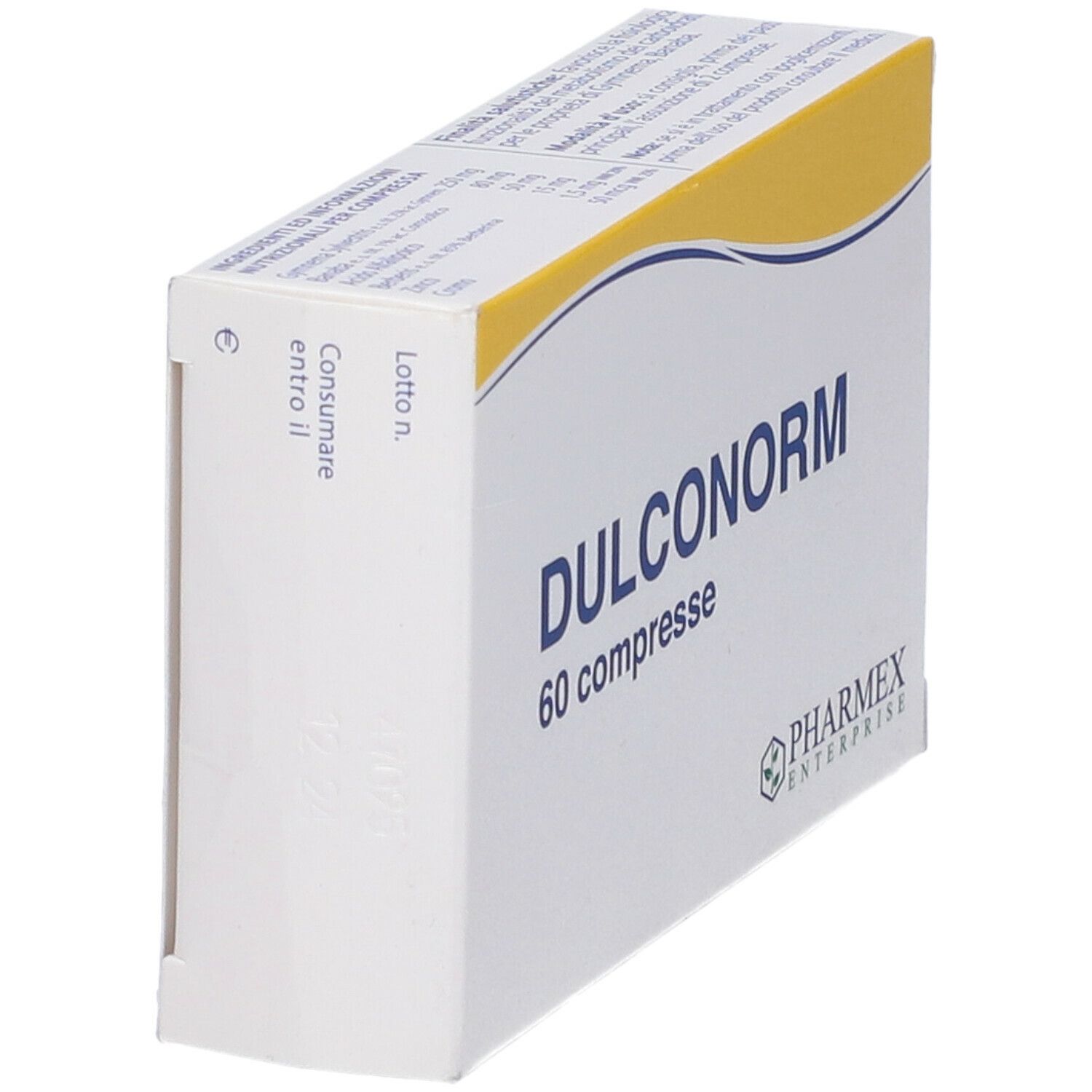 Scatola bianca inclinata con scritta blu DULCONORM, 60 compresse. Logo Pharmex.