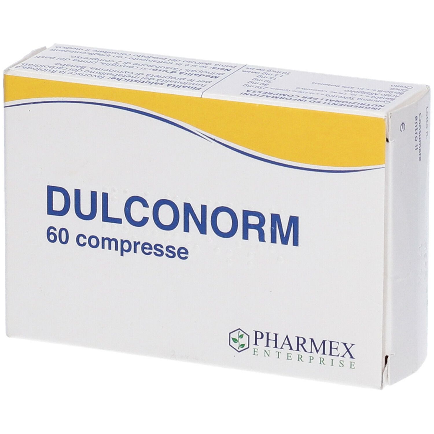 Scatola bianca con scritta blu DULCONORM, 60 compresse. Logo Pharmex Enterprise. Striscia gialla.