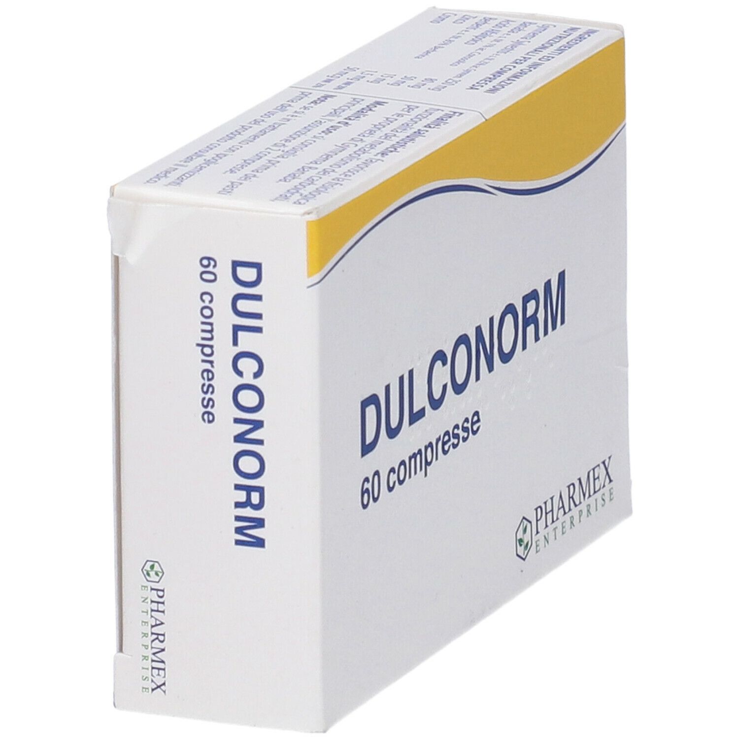 Scatola bianca inclinata con scritta blu DULCONORM, 60 compresse. Logo Pharmex.