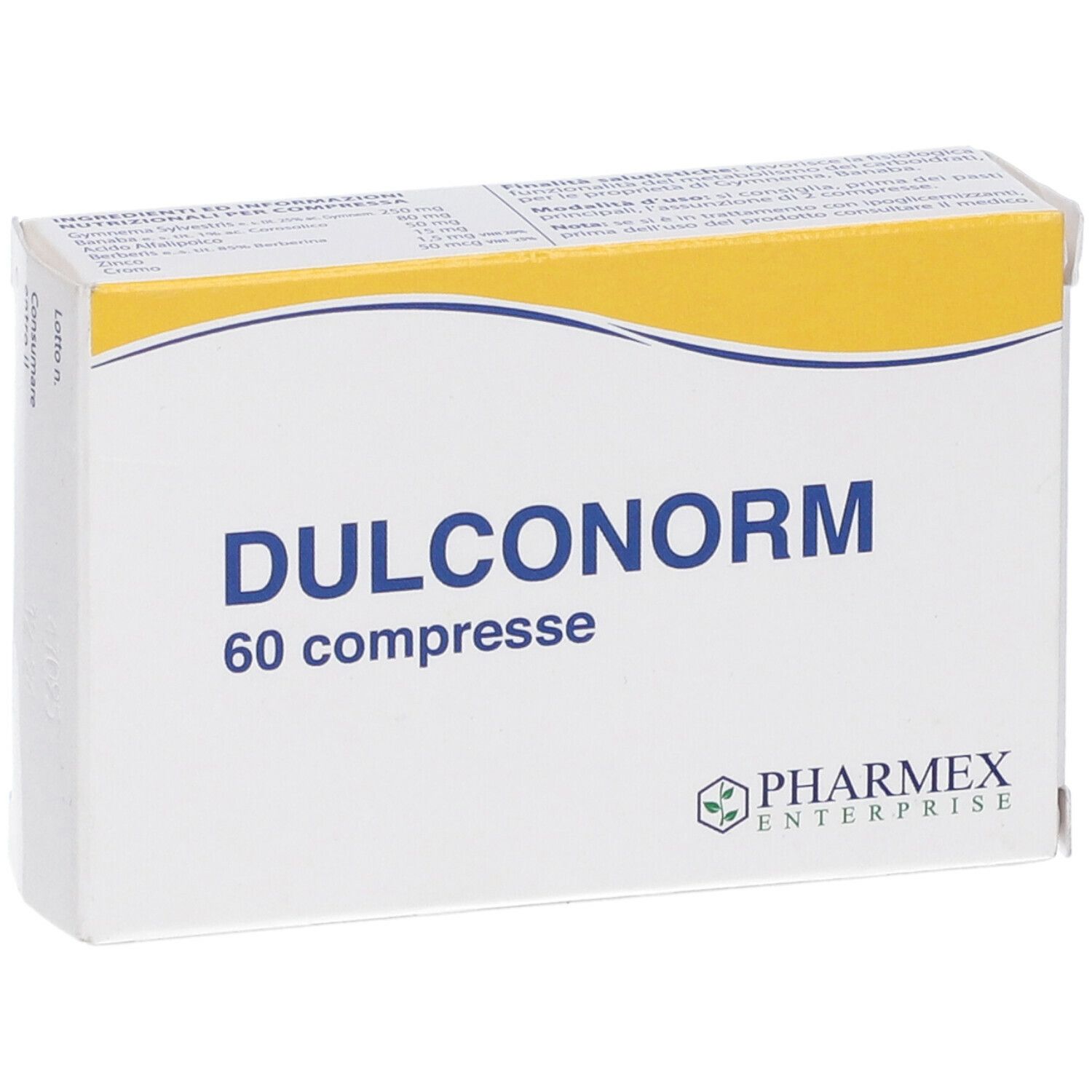 Scatola bianca con scritta blu DULCONORM, 60 compresse. Logo Pharmex Enterprise. Striscia gialla.