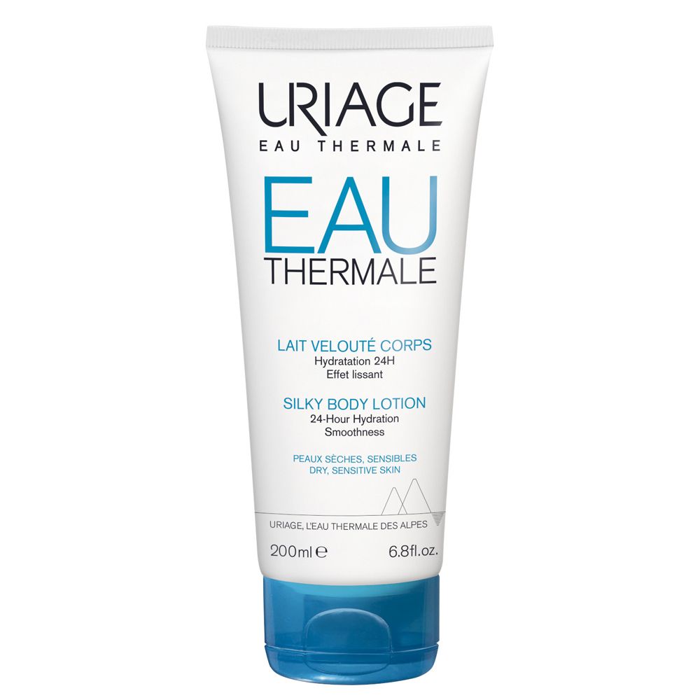 Tubo bianco con tappo blu. Scritta: URIAGE EAU THERMALE, EAU THERMALE, Silky Body Lotion. 200ml.