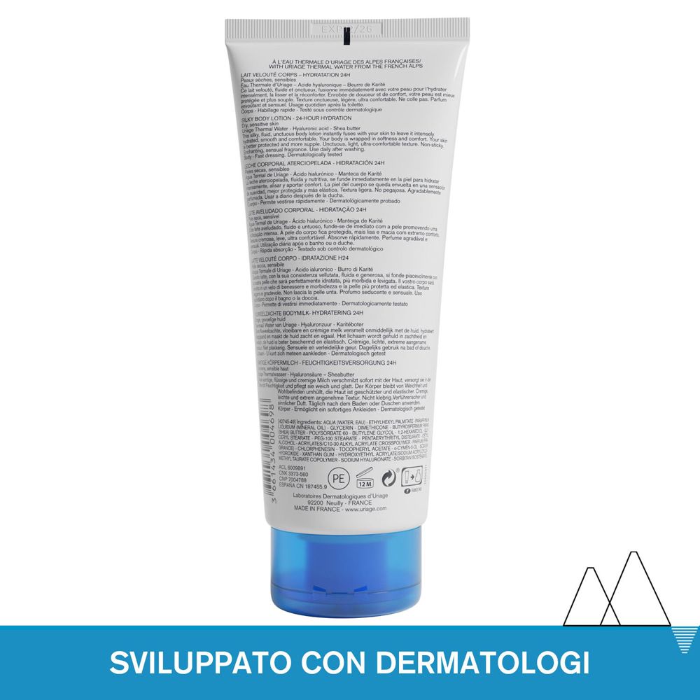 Retro del tubo con testo in più lingue. Tappo blu. Testo: Sviluppato con dermatologi.
