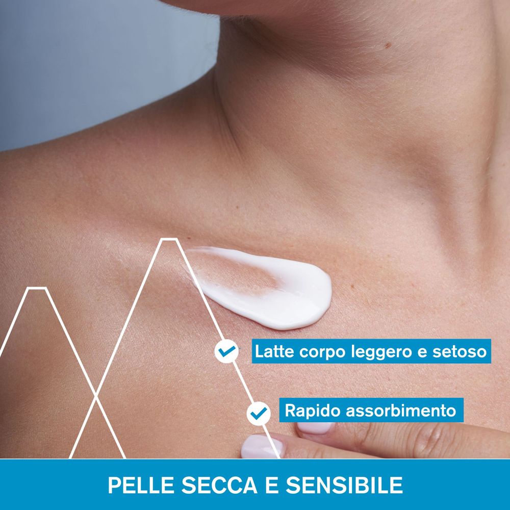 Pelle con lozione applicata. Testo: Latte corpo leggero e setoso, rapido assorbimento. Pelle secca e sensibile.