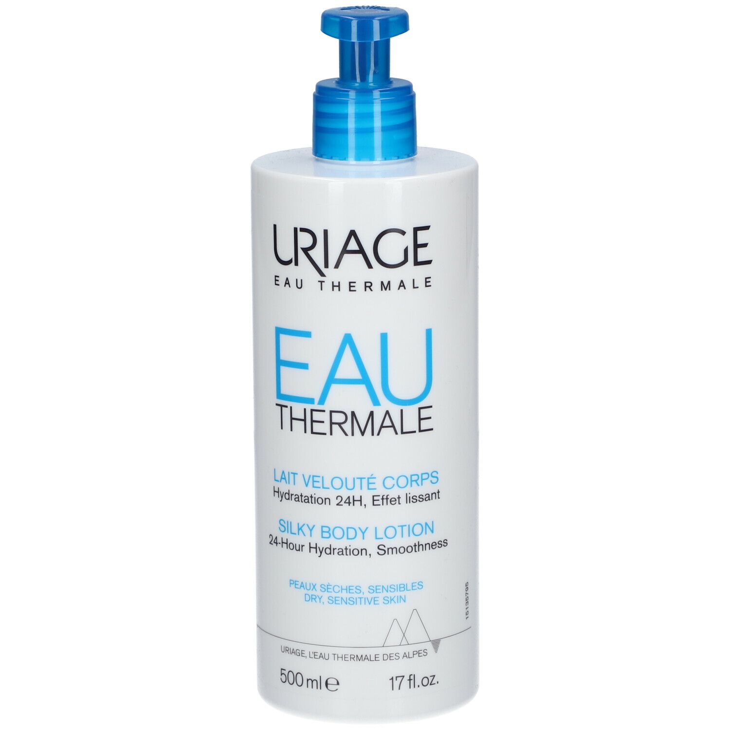 Flacone bianco con dosatore blu. Scritta: URIAGE Eau Thermale, Lait velouté corps, 500ml, 17 fl.oz.