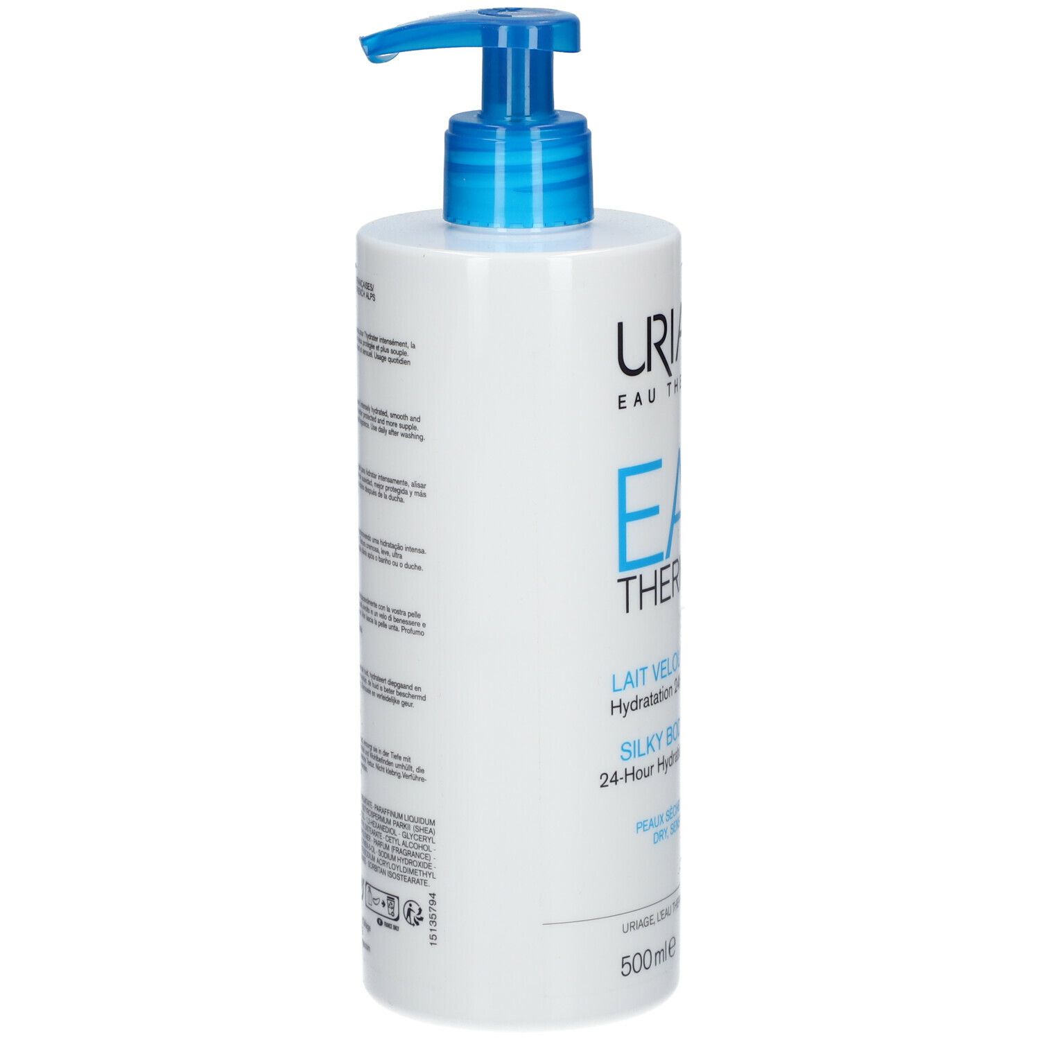 Retro del flacone bianco con dosatore blu. Testo multilingue. Marchio: URIAGE Eau Thermale.