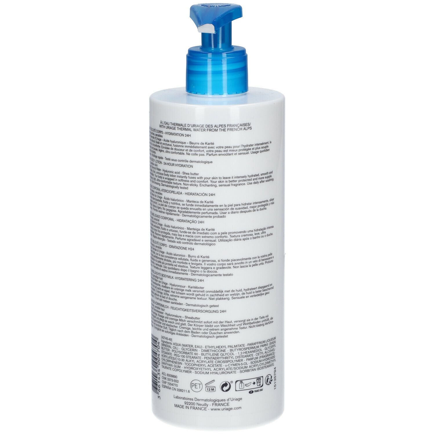 Retro del flacone bianco con dosatore blu. Testo multilingue. Marchio: URIAGE Eau Thermale.