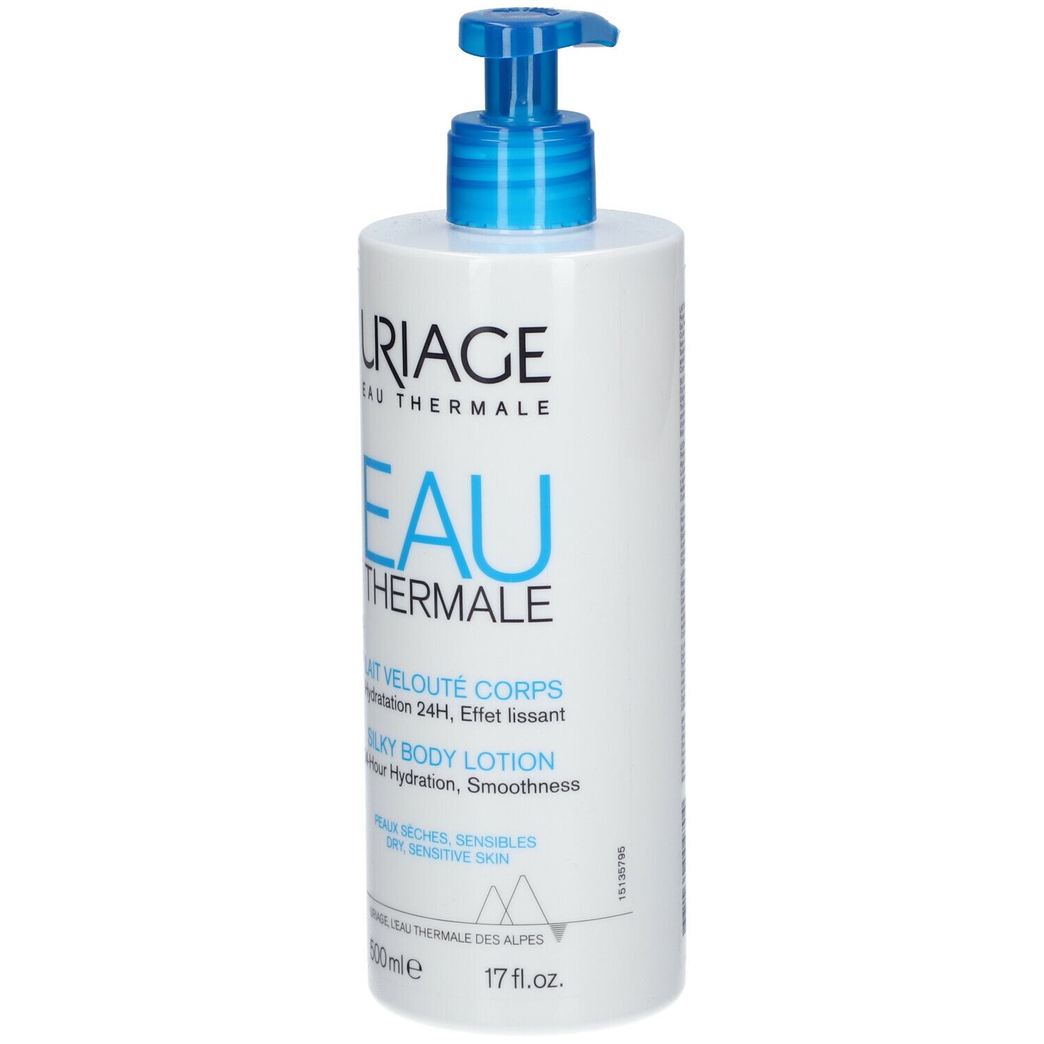 Flacone bianco con dosatore blu. Scritta: URIAGE Eau Thermale, Lait velouté corps, 500ml, 17 fl.oz.