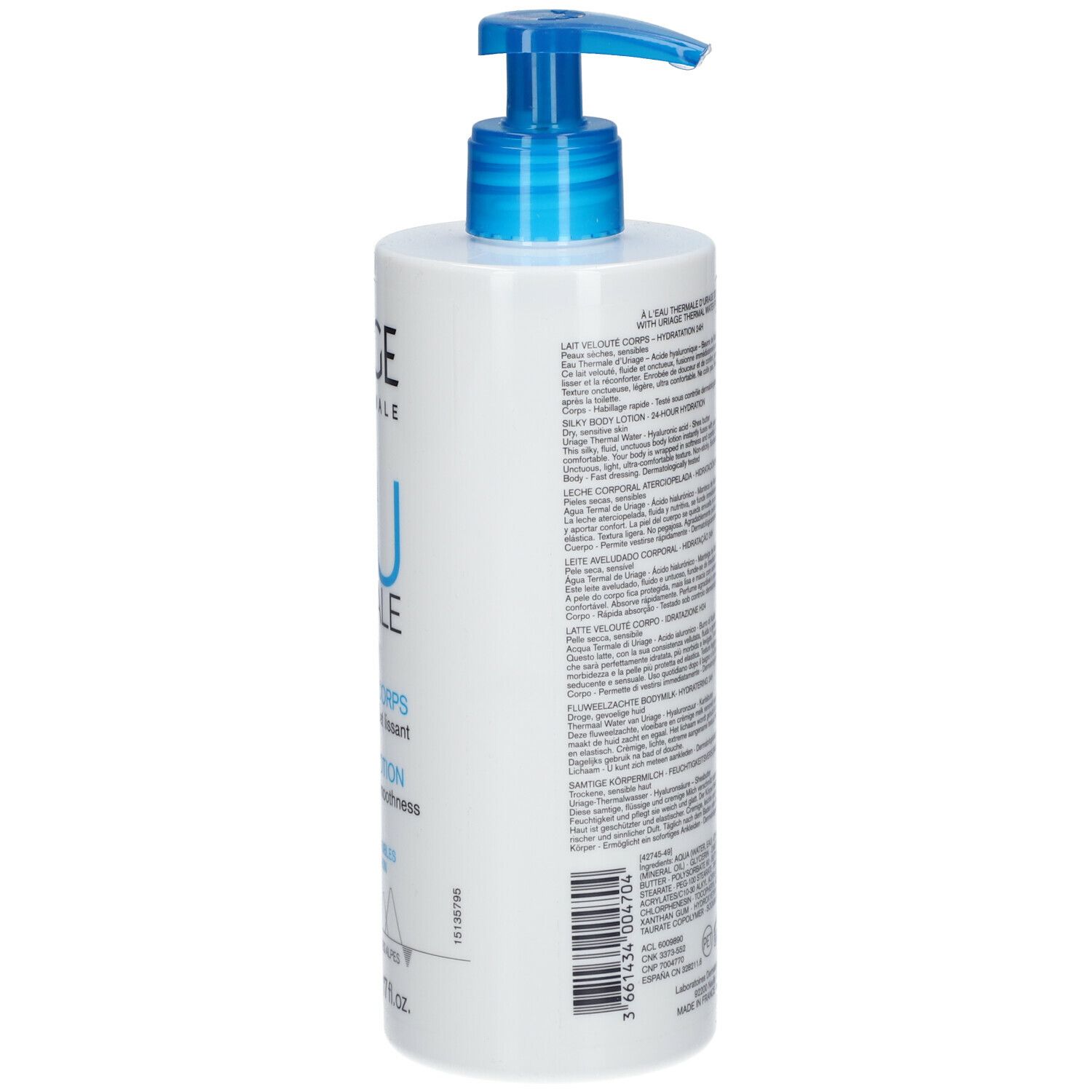 Retro del flacone bianco con dosatore blu. Testo multilingue. Marchio: URIAGE Eau Thermale.