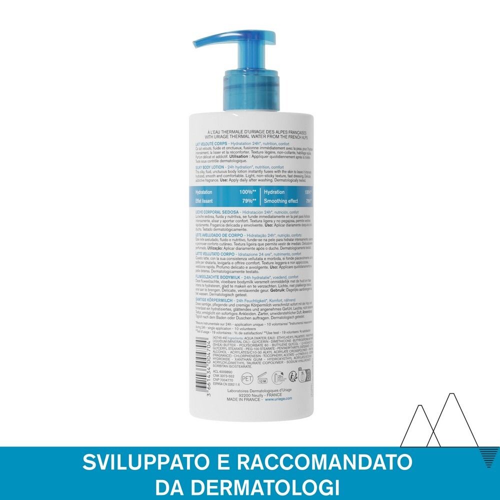 Retro del flacone bianco con dosatore blu. Testo multilingue. Marchio: URIAGE Eau Thermale.