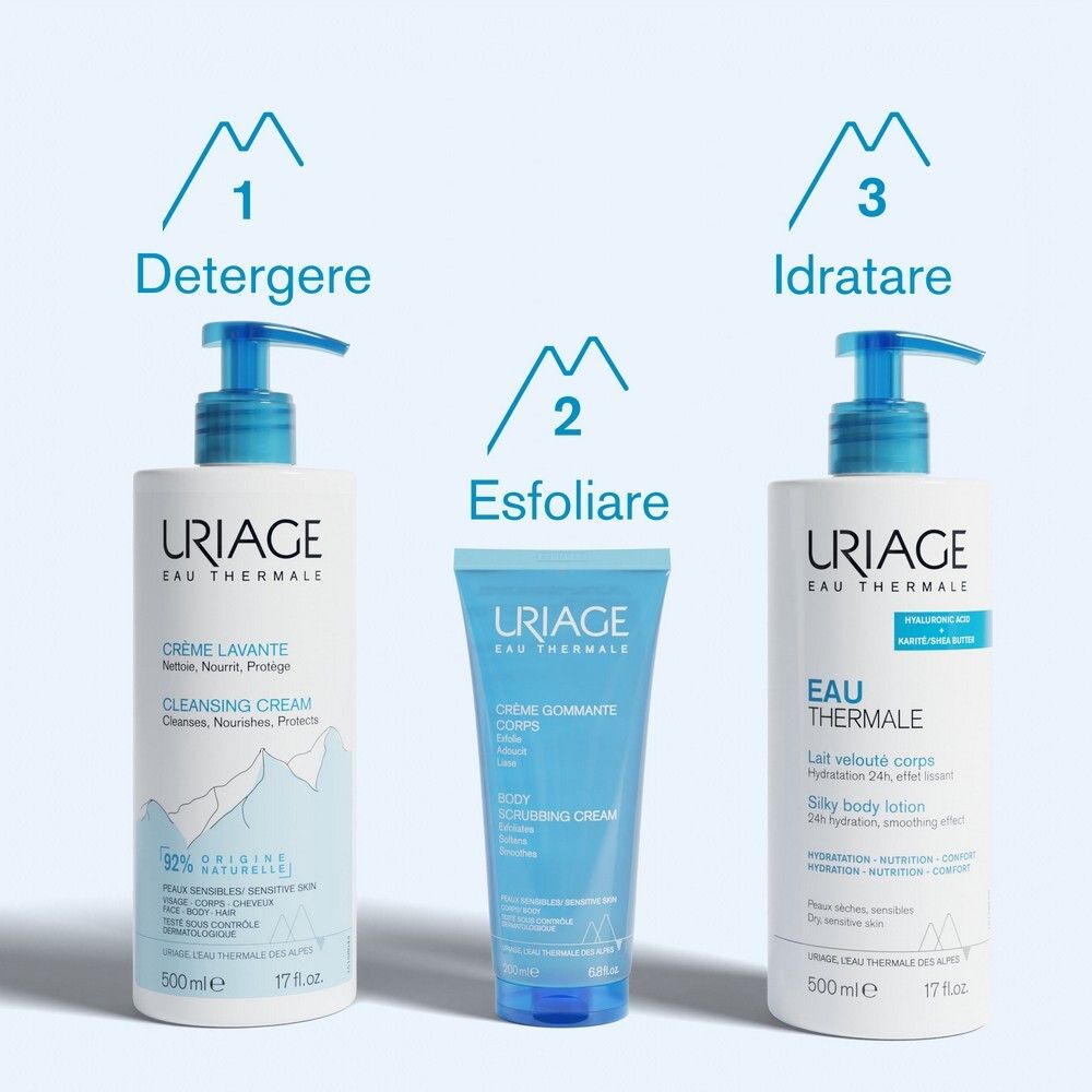 Tre prodotti: Crème Lavante, Crème Gommant, Lait Velouté Corps. Marchio: URIAGE Eau Thermale. Testo: Detergere, Esfoliare, Idratare.