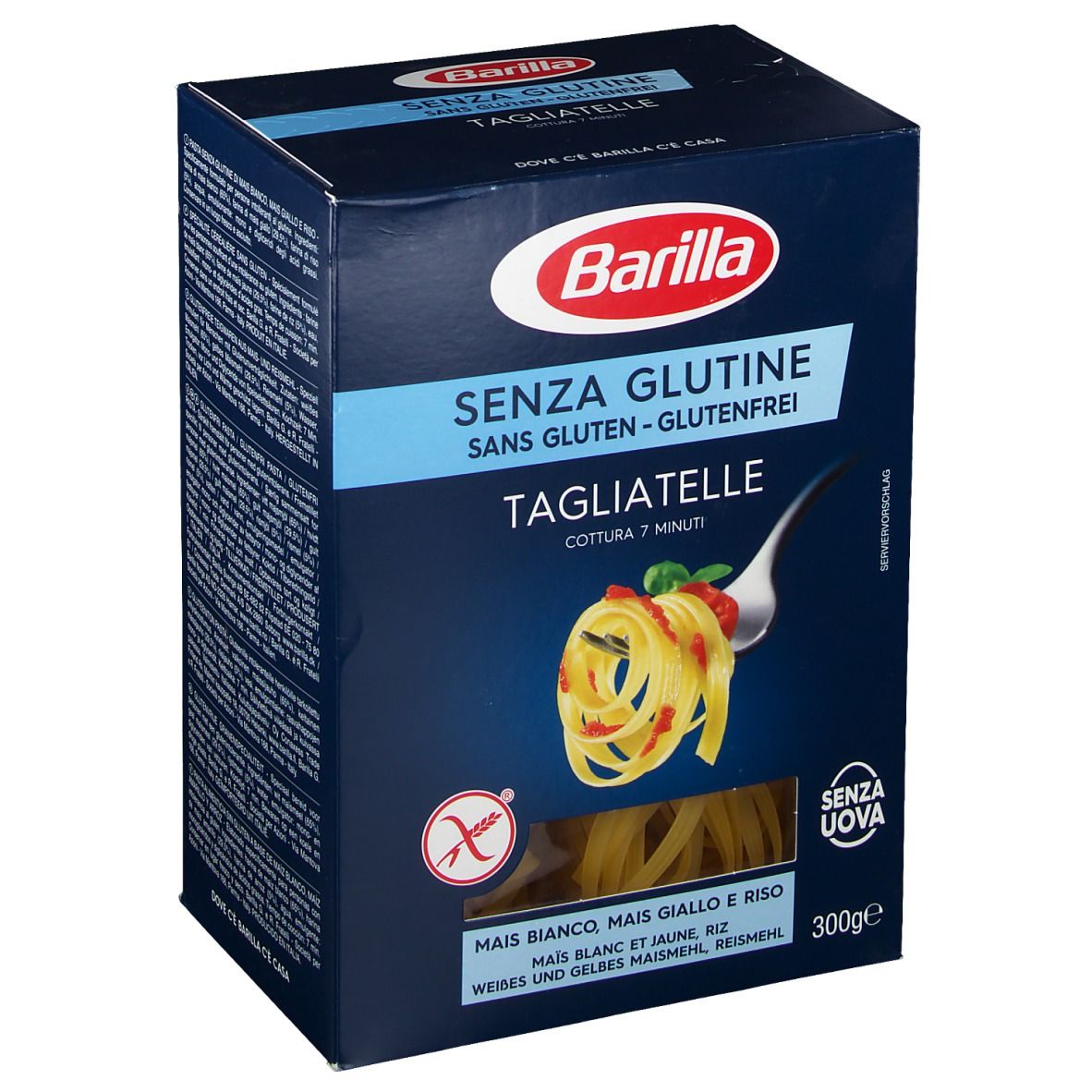Scatola blu scuro Barilla Senza Glutine Tagliatelle. Senza glutine. Mais, riso. 300g. Cottura 7 minuti. Senza uova.