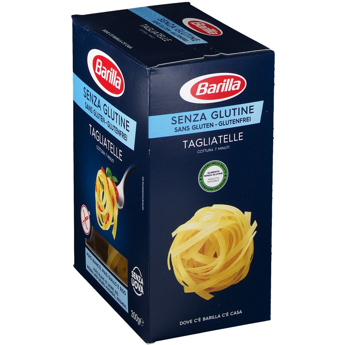 Scatola blu scuro Barilla Senza Glutine Tagliatelle. Senza glutine. Mais, riso. 300g. Cottura 7 minuti. Senza uova.