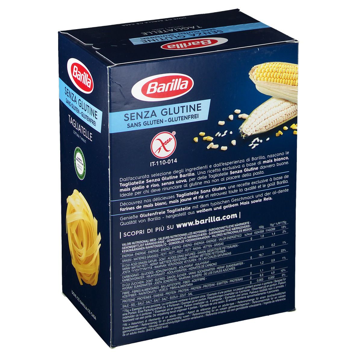 Scatola blu scuro Barilla Senza Glutine Tagliatelle. Senza glutine. Mais, riso. 300g. Cottura 7 minuti. Senza uova.
