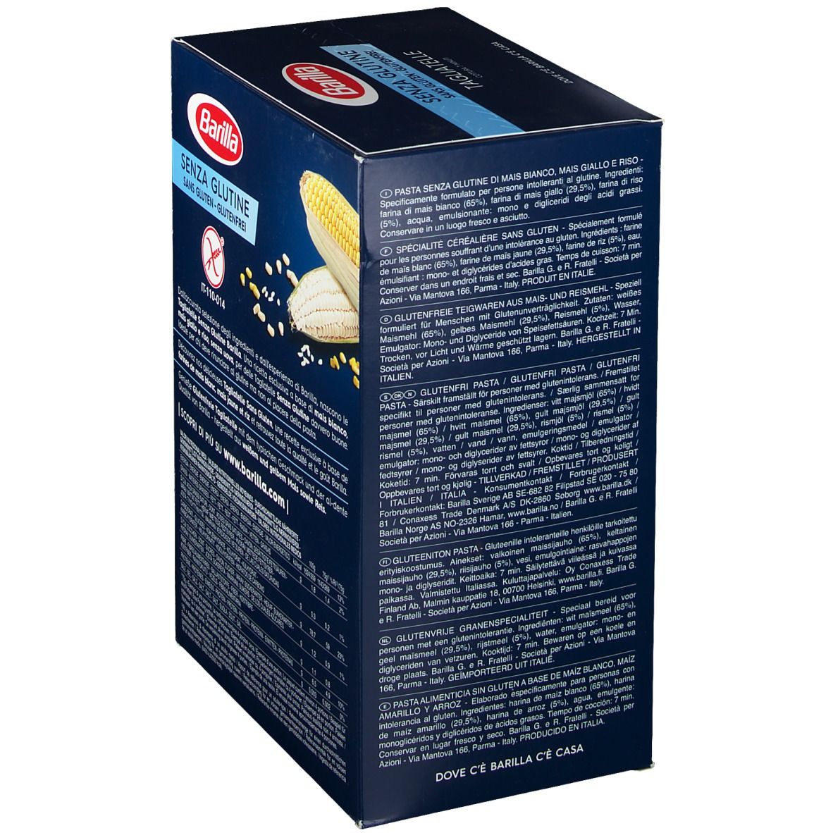 Scatola blu scuro Barilla Senza Glutine Tagliatelle. Senza glutine. Mais, riso. 300g. Cottura 7 minuti. Senza uova.