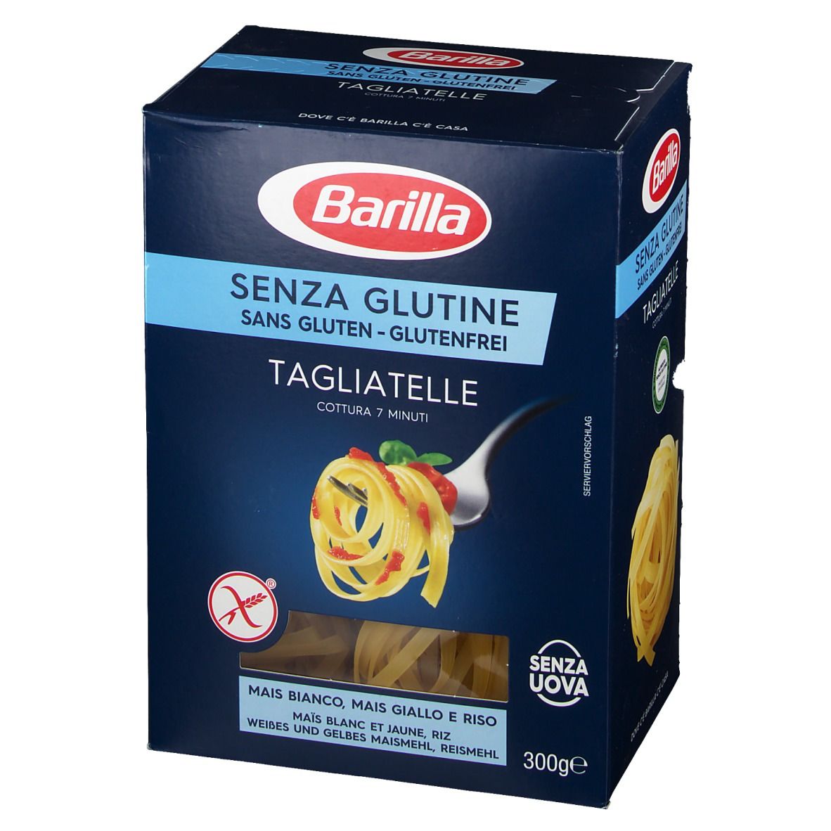 Scatola blu scuro Barilla Senza Glutine Tagliatelle. Senza glutine. Mais, riso. 300g. Cottura 7 minuti. Senza uova.