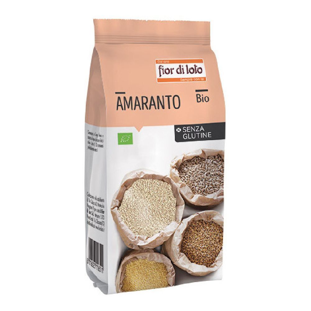 Confezione di Amaranto Bio senza glutine. Contiene chicchi in sacchetti di carta. Marchio: fior di loto.