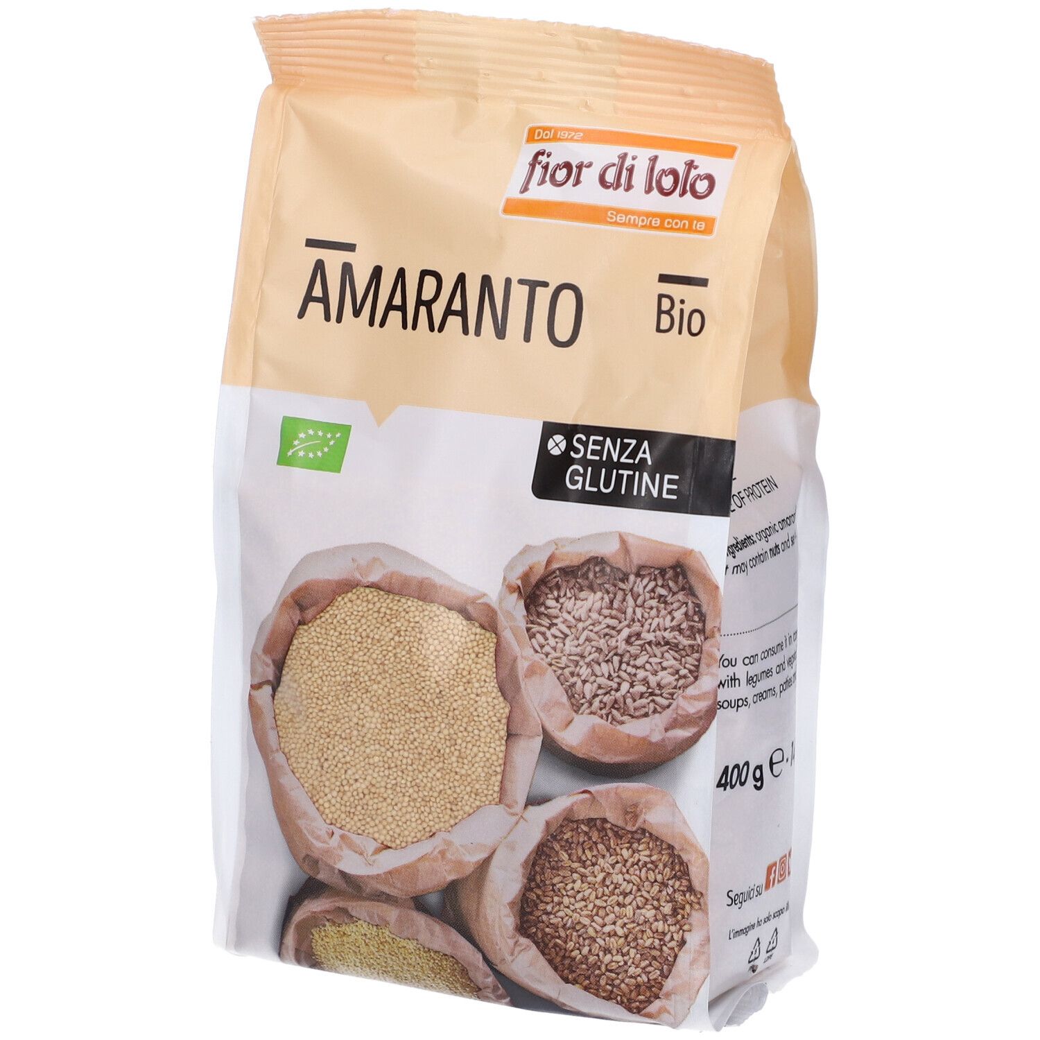 Confezione di Amaranto Bio senza glutine. Contiene chicchi in sacchetti di carta. Marchio: fior di loto.