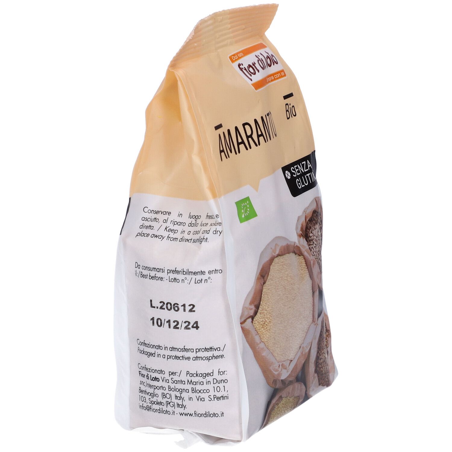 Confezione di Amaranto Bio senza glutine. Contiene chicchi in sacchetti di carta. Marchio: fior di loto.