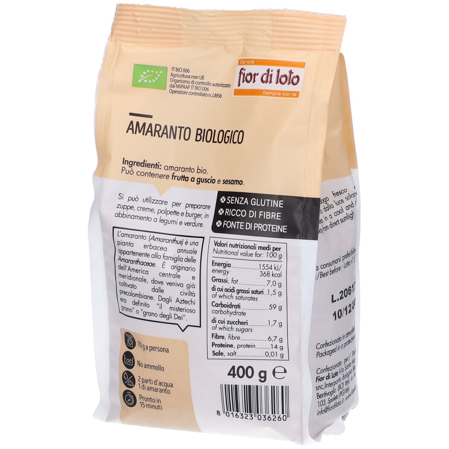 Retro della confezione di Amaranto Bio. Contiene informazioni nutrizionali, ingredienti e certificazioni. Marchio: fior di loto.