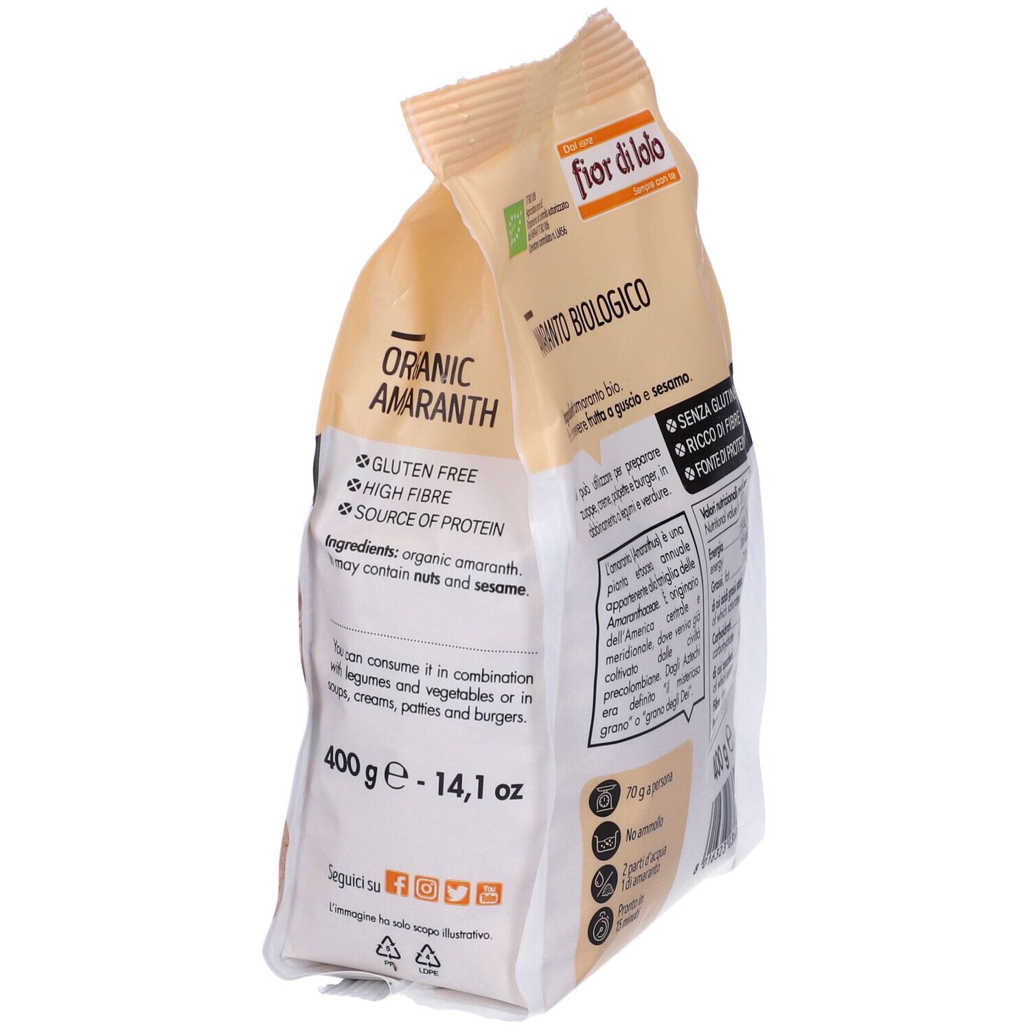Confezione di Amaranto biologico. Contiene informazioni nutrizionali, ingredienti e certificazioni. Marchio: fior di loto.