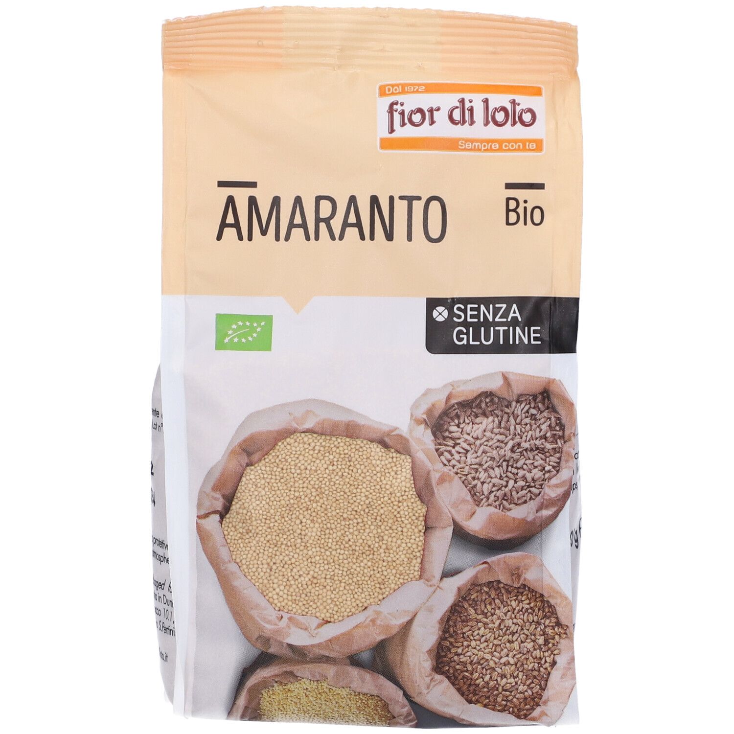 Confezione di Amaranto Bio senza glutine. Contiene chicchi in sacchetti di carta. Marchio: fior di loto.