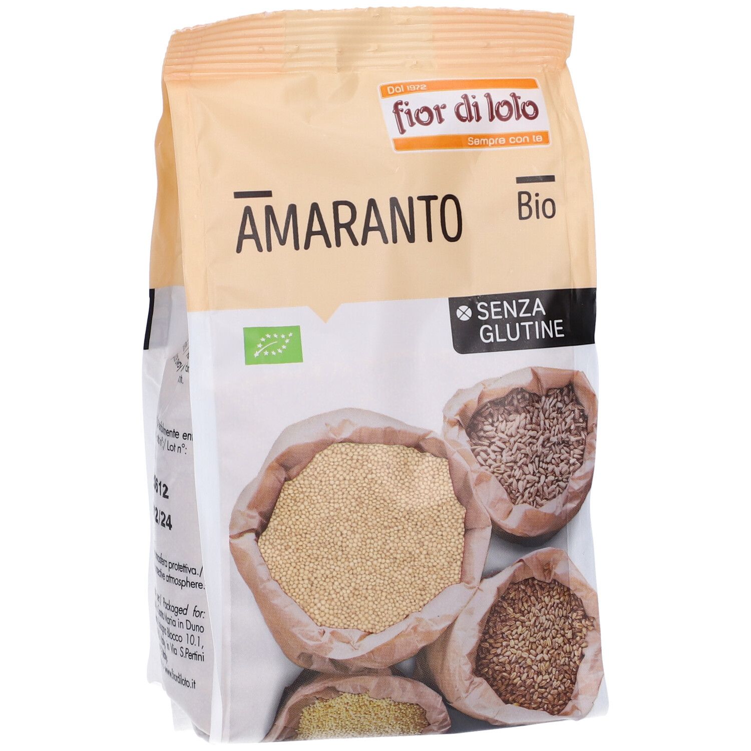 Confezione di Amaranto Bio senza glutine. Contiene chicchi in sacchetti di carta. Marchio: fior di loto.