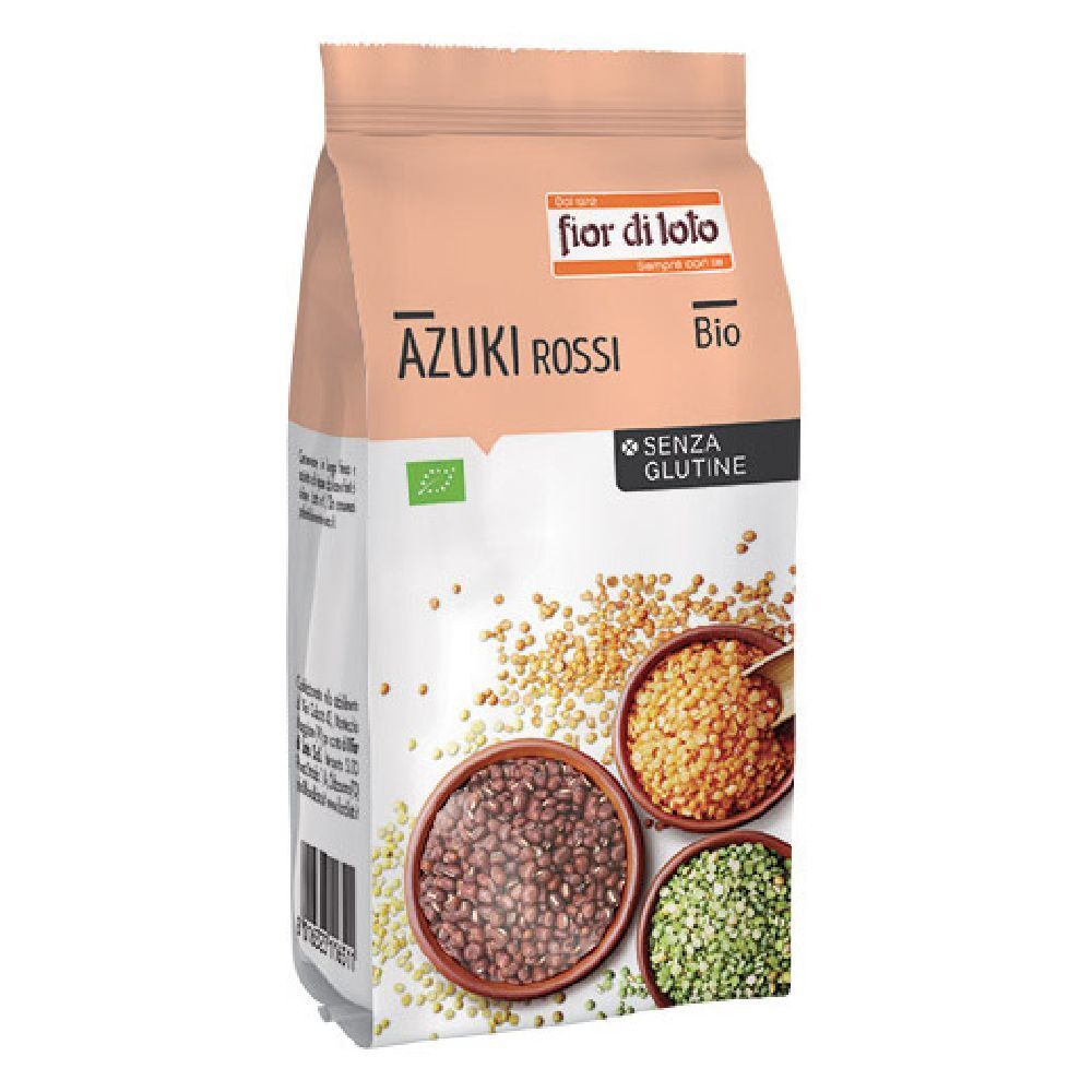 Confezione di Azuki Rossi Bio senza glutine. Tre ciotole con fagioli azuki.