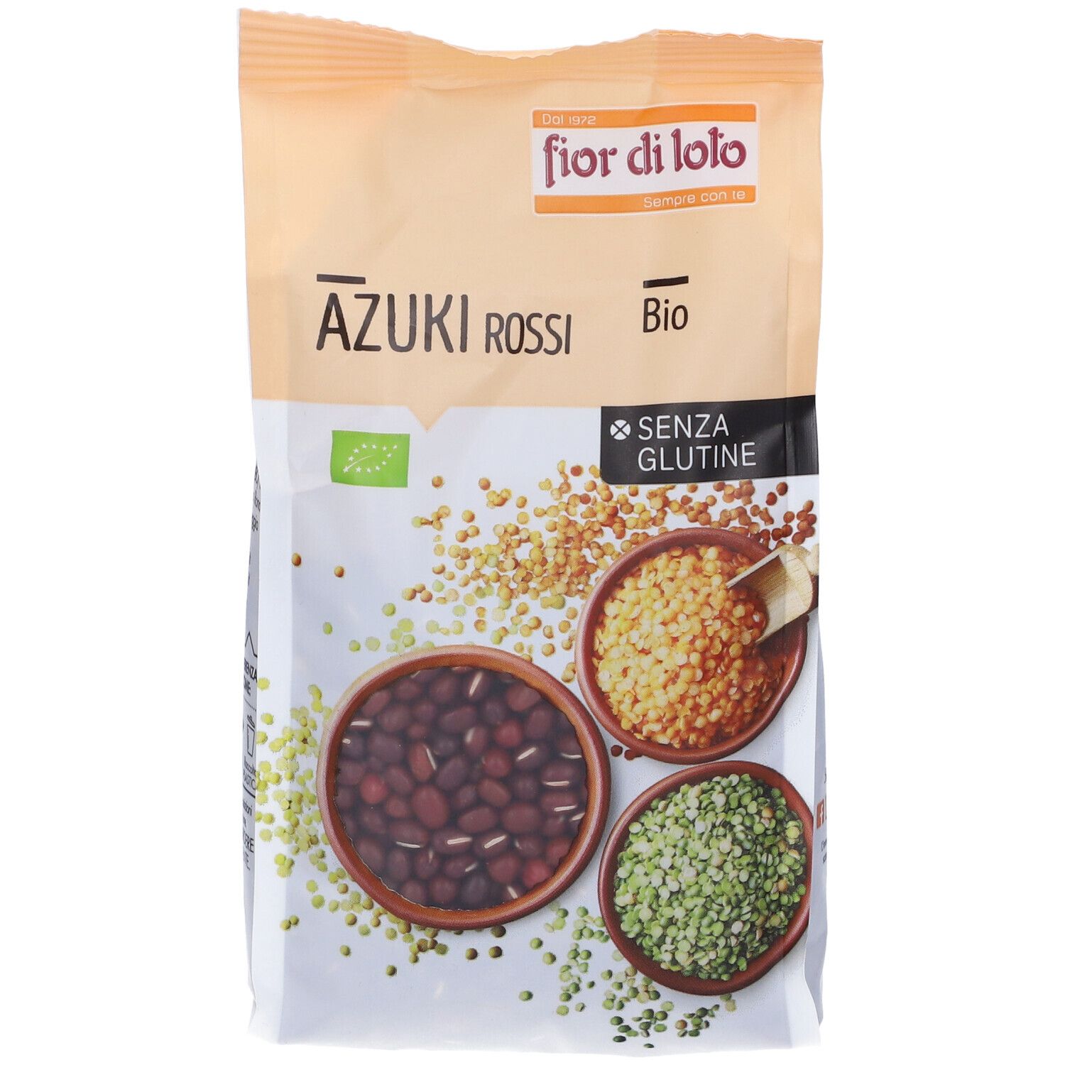 Confezione di Azuki Rossi Bio senza glutine. Tre ciotole con fagioli azuki.