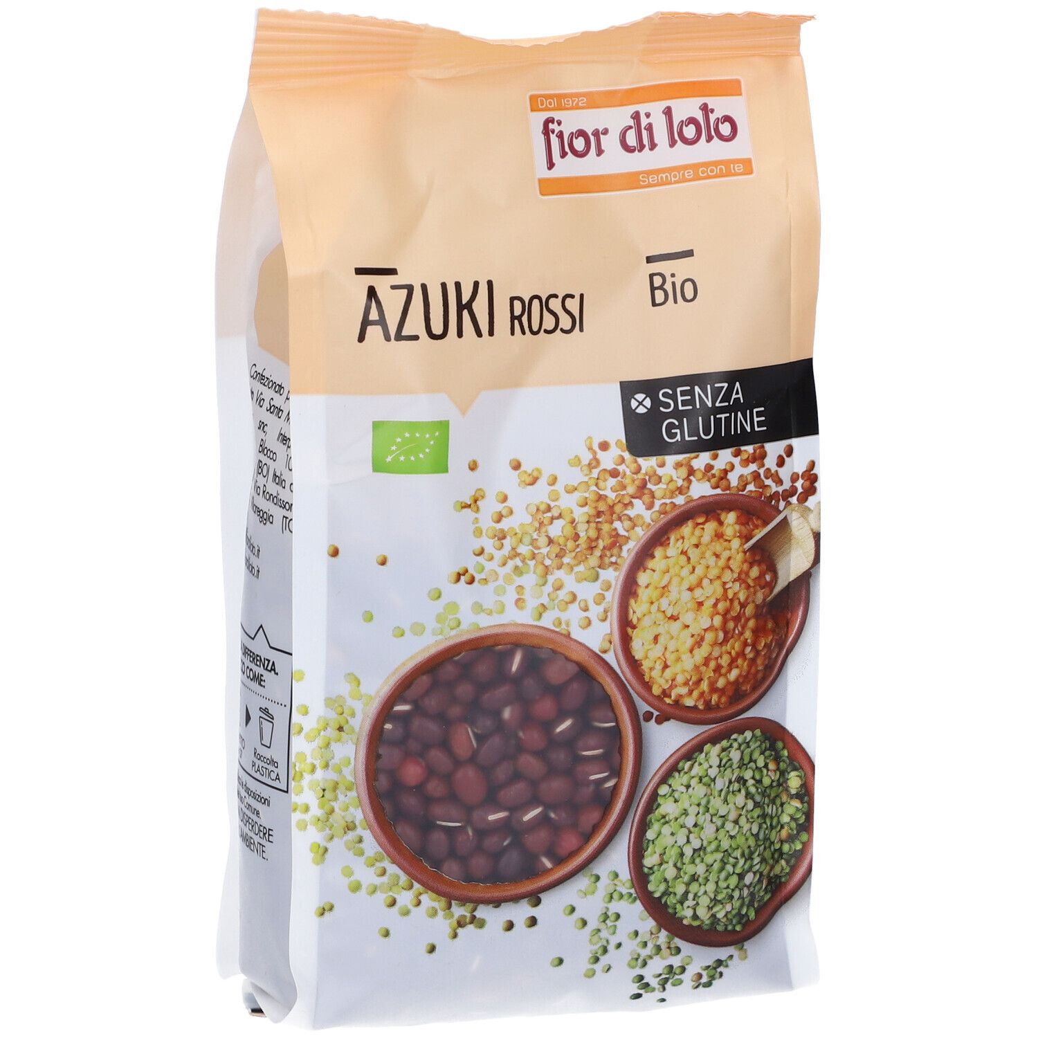 Confezione di Azuki Rossi Bio senza glutine. Tre ciotole con fagioli azuki.
