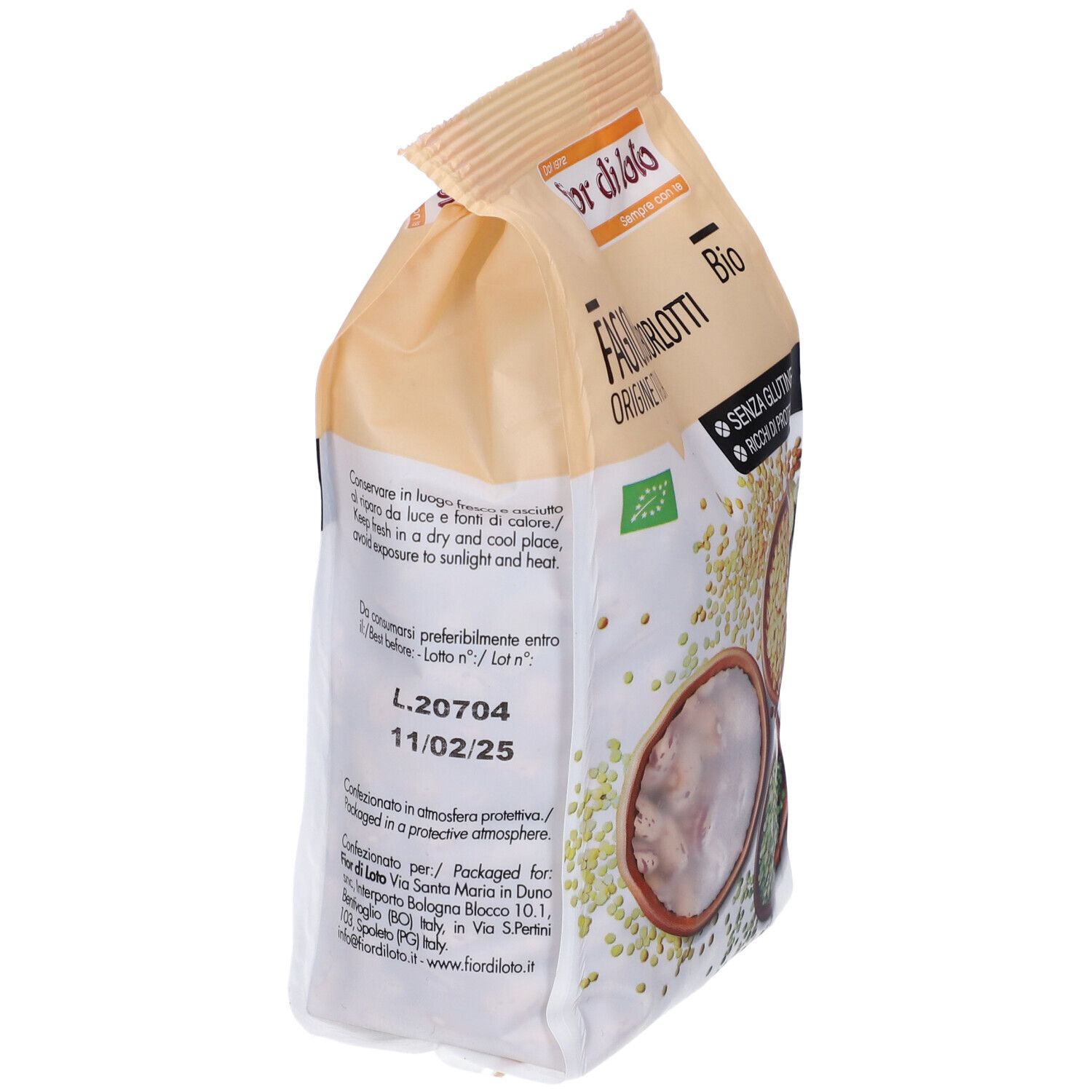 Confezione Fior di Loto Fagioli Borlotti BIO. Retro. Scadenza 11/02/25. Senza glutine.